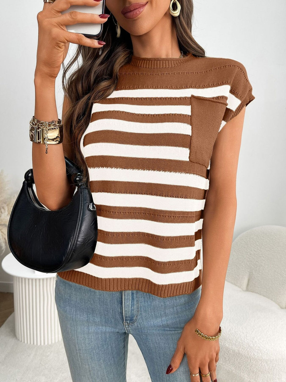 Striped Knit Pocket Detail Cap Sleeve Sweater - cas7m