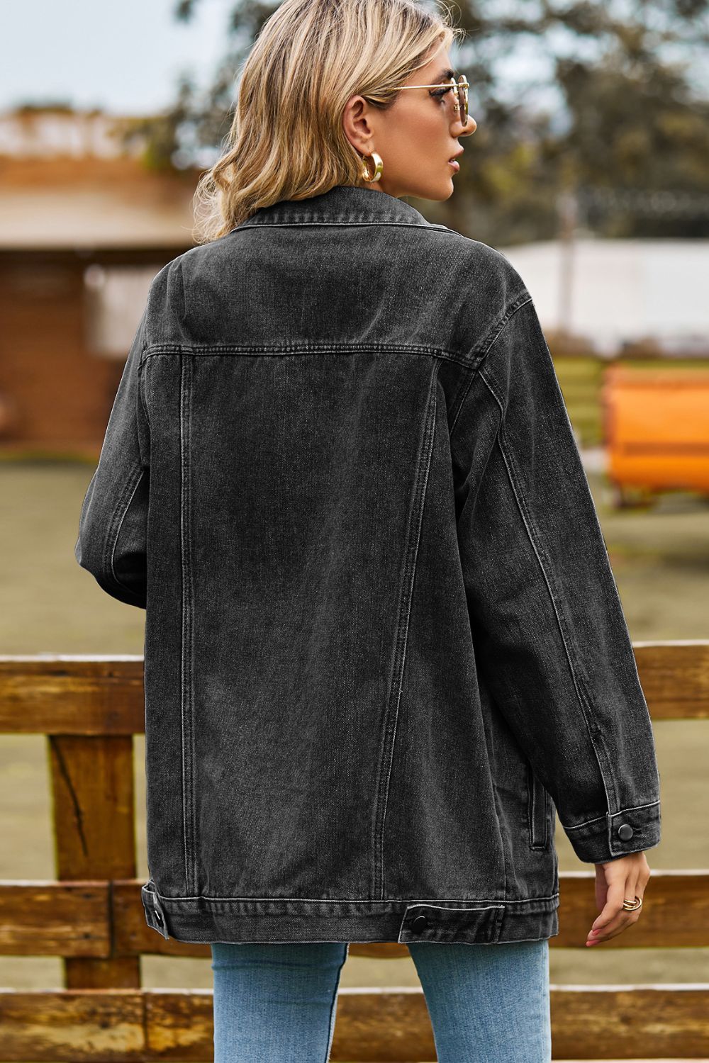 Buttoned Collared Neck Denim Jacket with Pockets - cas7m