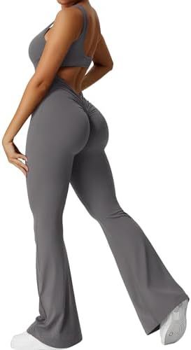 Women Sleeveless Flare Jumpsuits Fitness Yoga Long Pants - cas7m