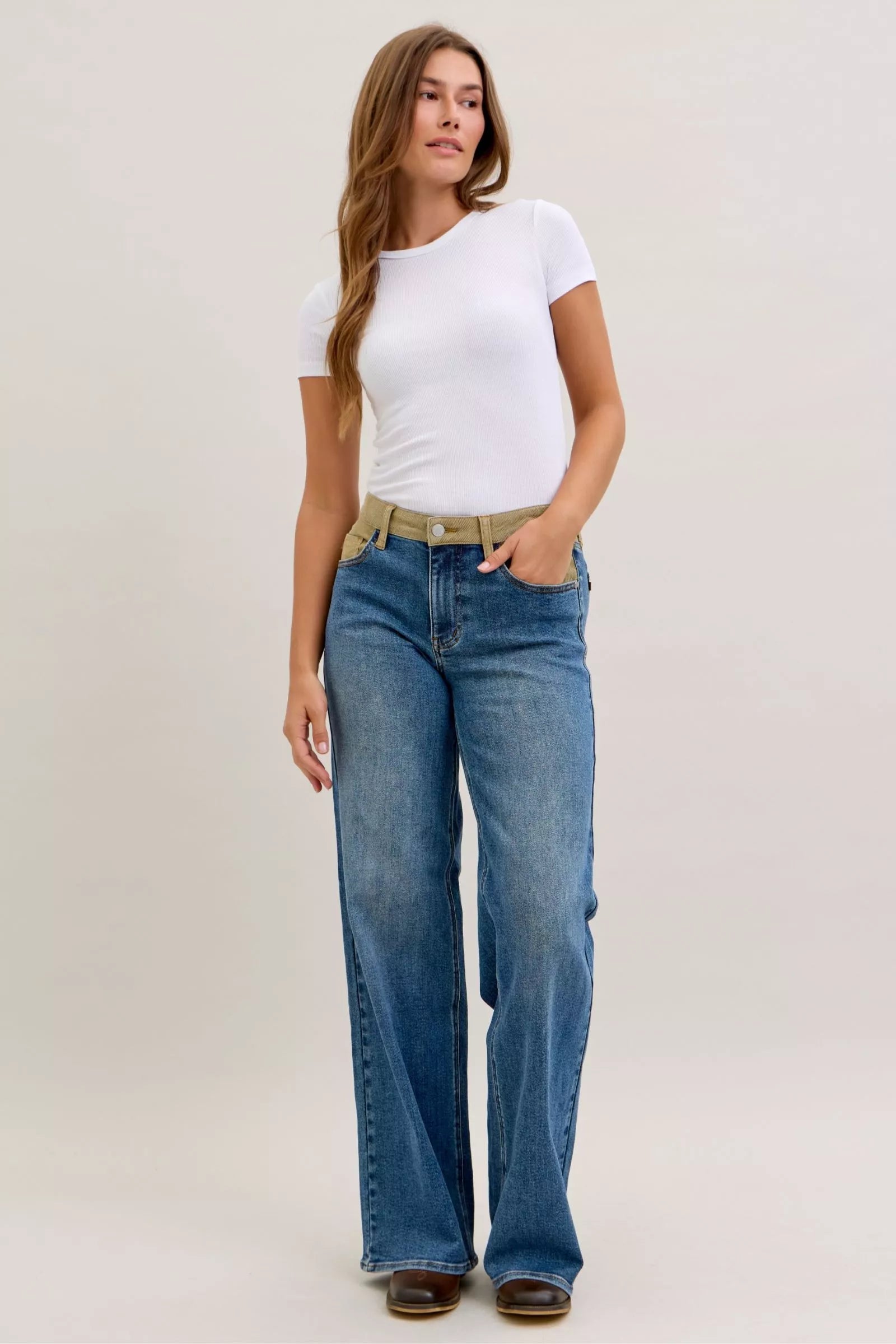 Judy Blue MR Column Straight Jeans with Corduroy Waist - cas7m