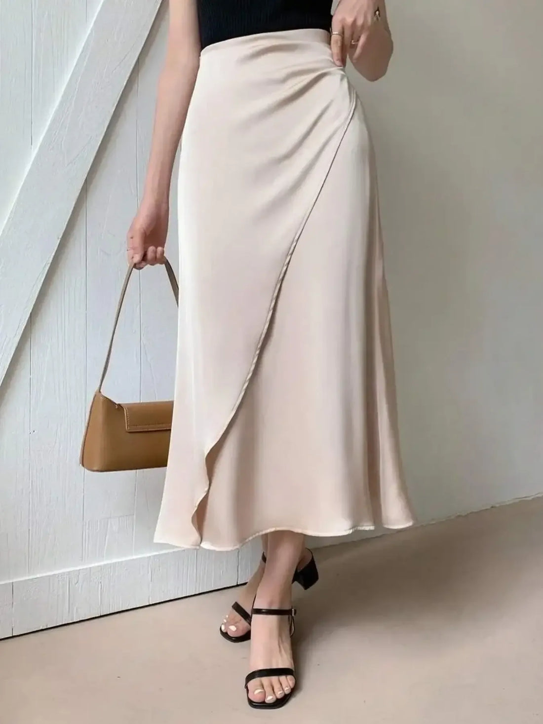 Asymmetric Wrap Midi Skirt with Fluted Hem - cas7m