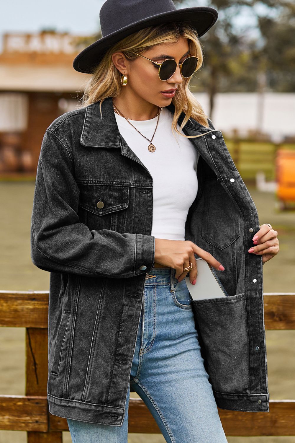 Buttoned Collared Neck Denim Jacket with Pockets - cas7m