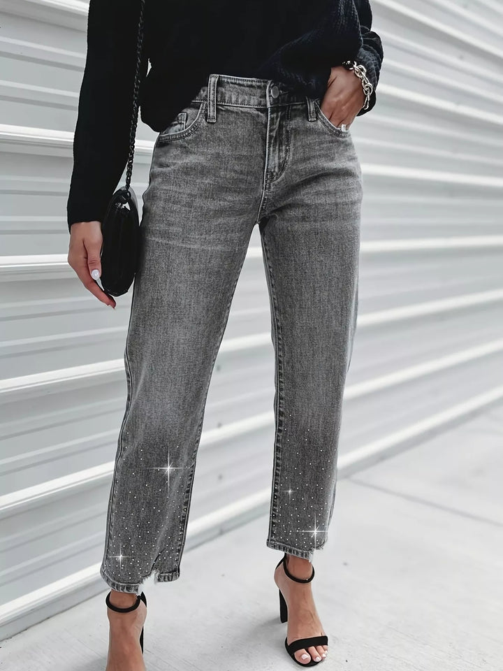 Rhinestone Embellished Cropped Jeans - cas7m