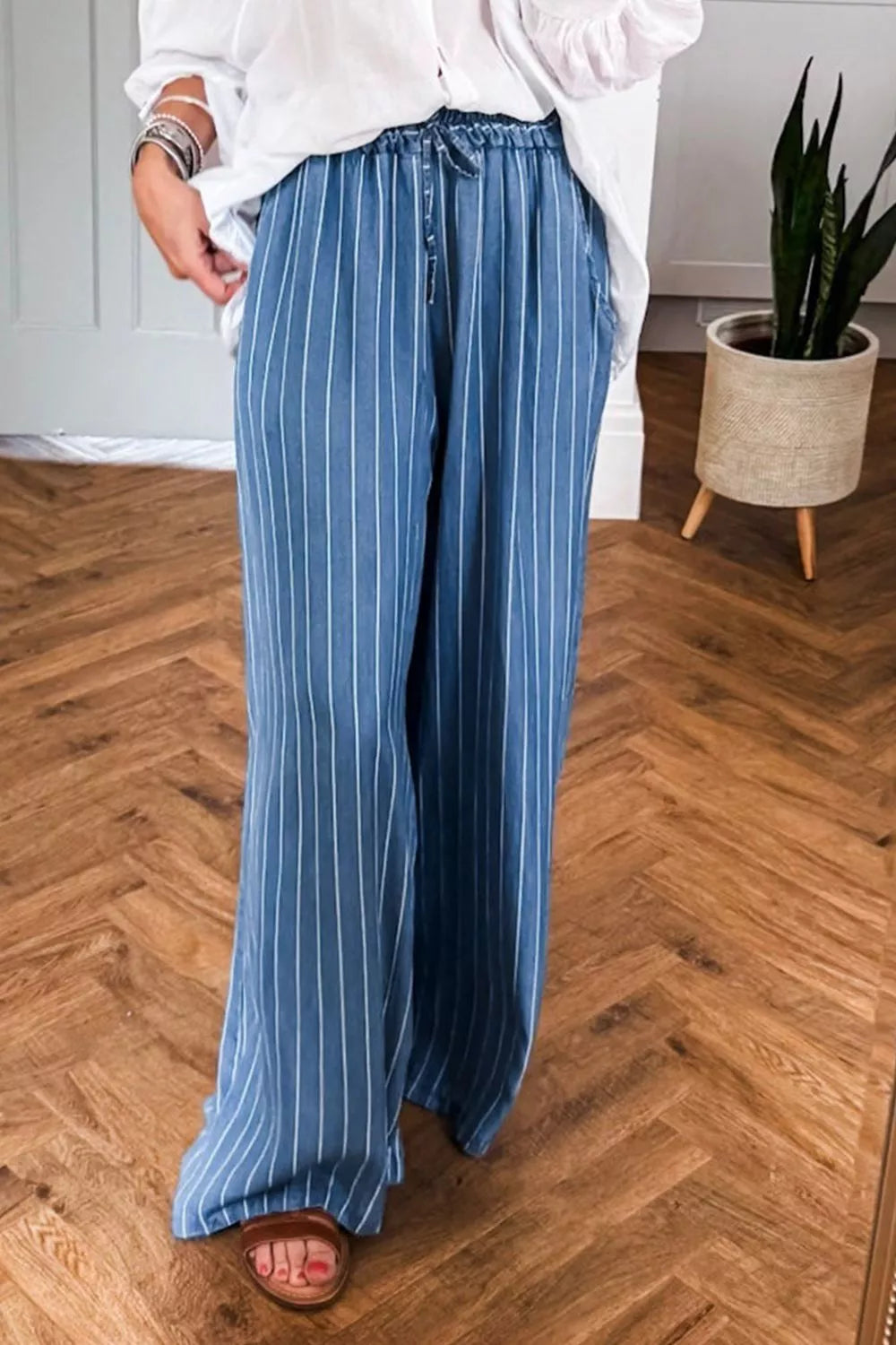 Stripe Chambray Wide Leg Tied Elastic Waist Jeans - cas7m