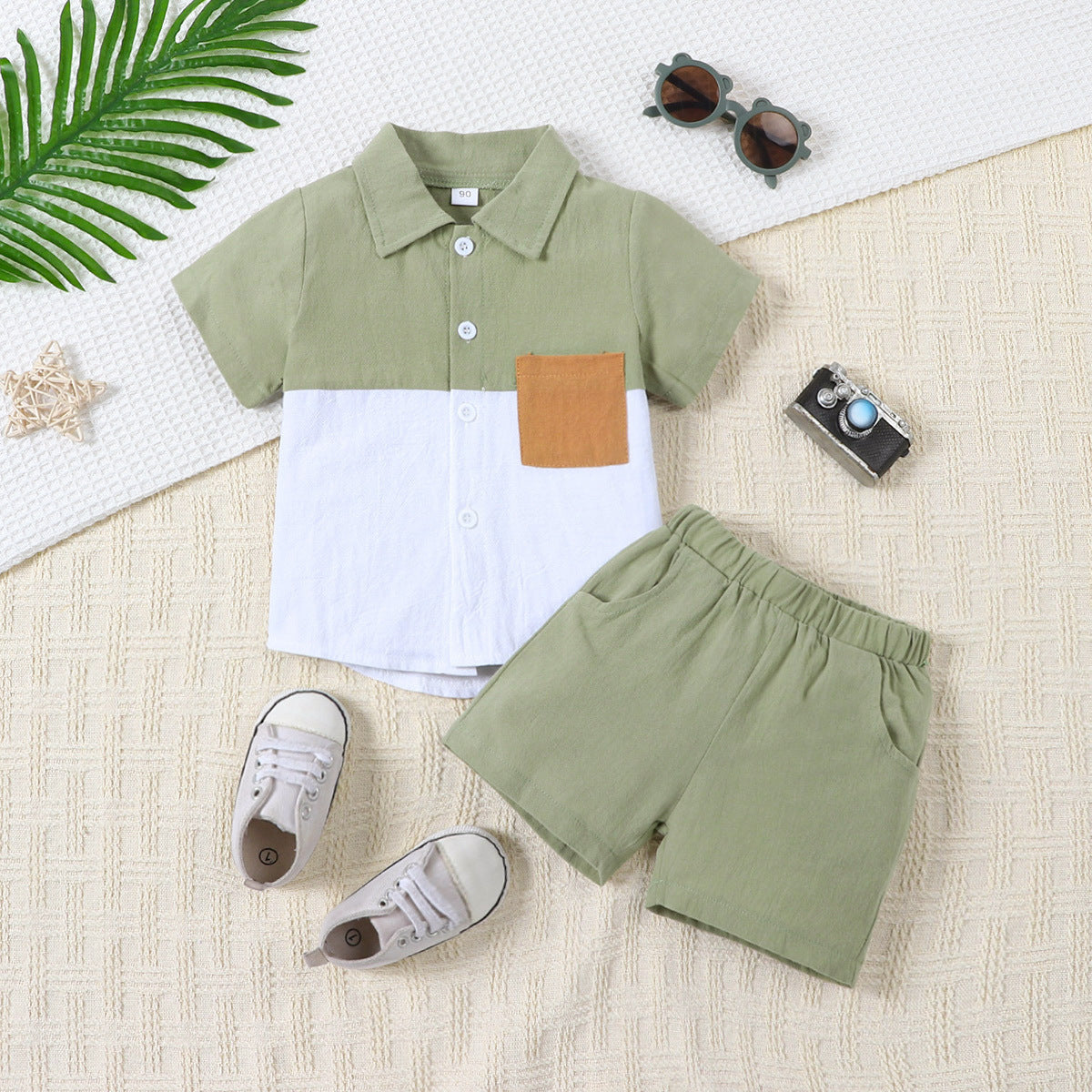 Boys' Summer Cotton And Linen Casual Short-sleeved Shirt And Shorts Suit - cas7m