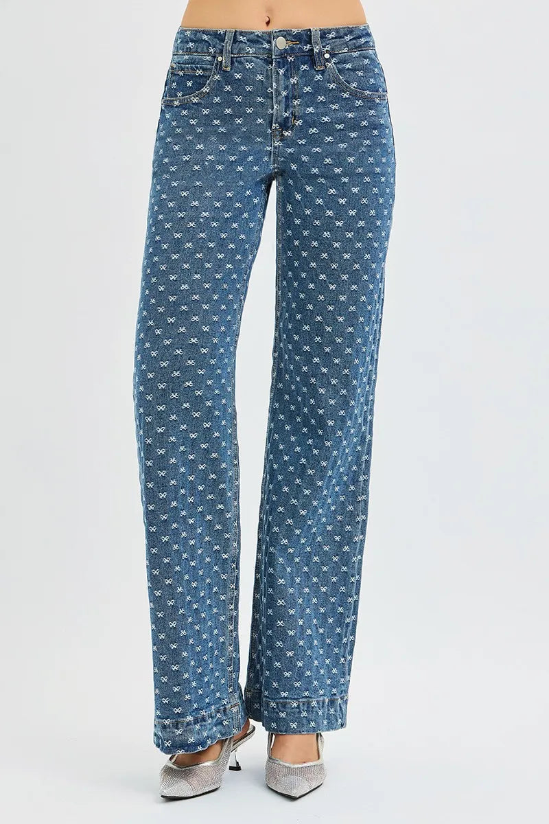 RISEN High Rise Wide Leg Bow Embroidered Jeans - cas7m
