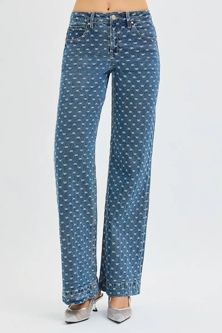 RISEN High Rise Wide Leg Bow Embroidered Jeans - cas7m