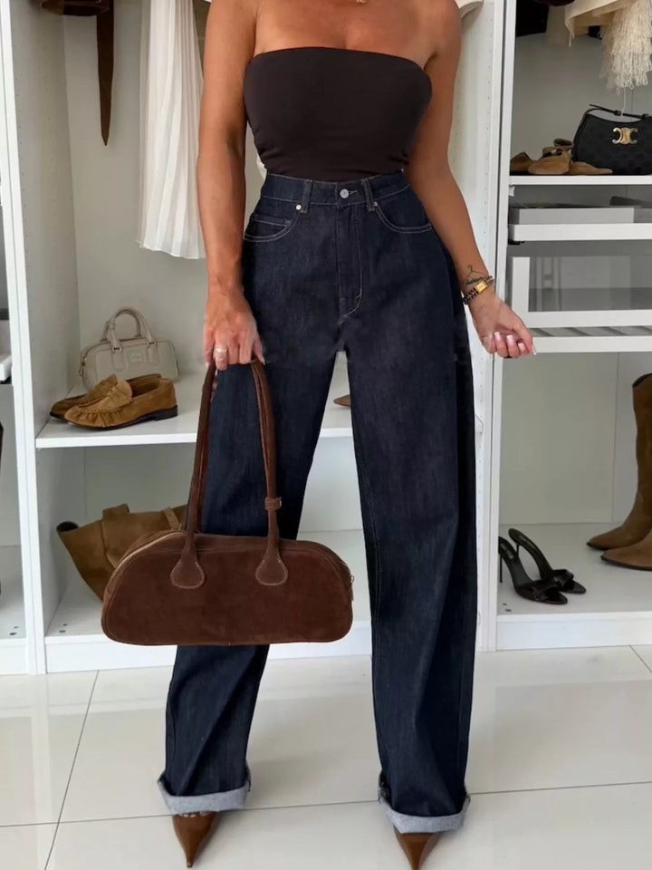 High-Waisted Wide-Leg Washed Jeans - cas7m
