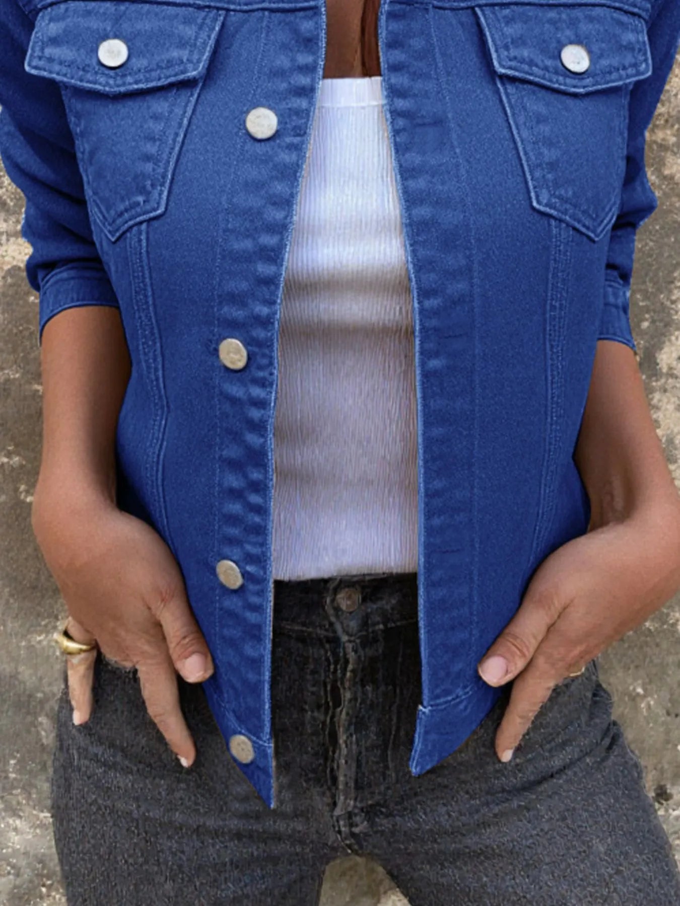 Button Front Closure Denim Jacket - cas7m