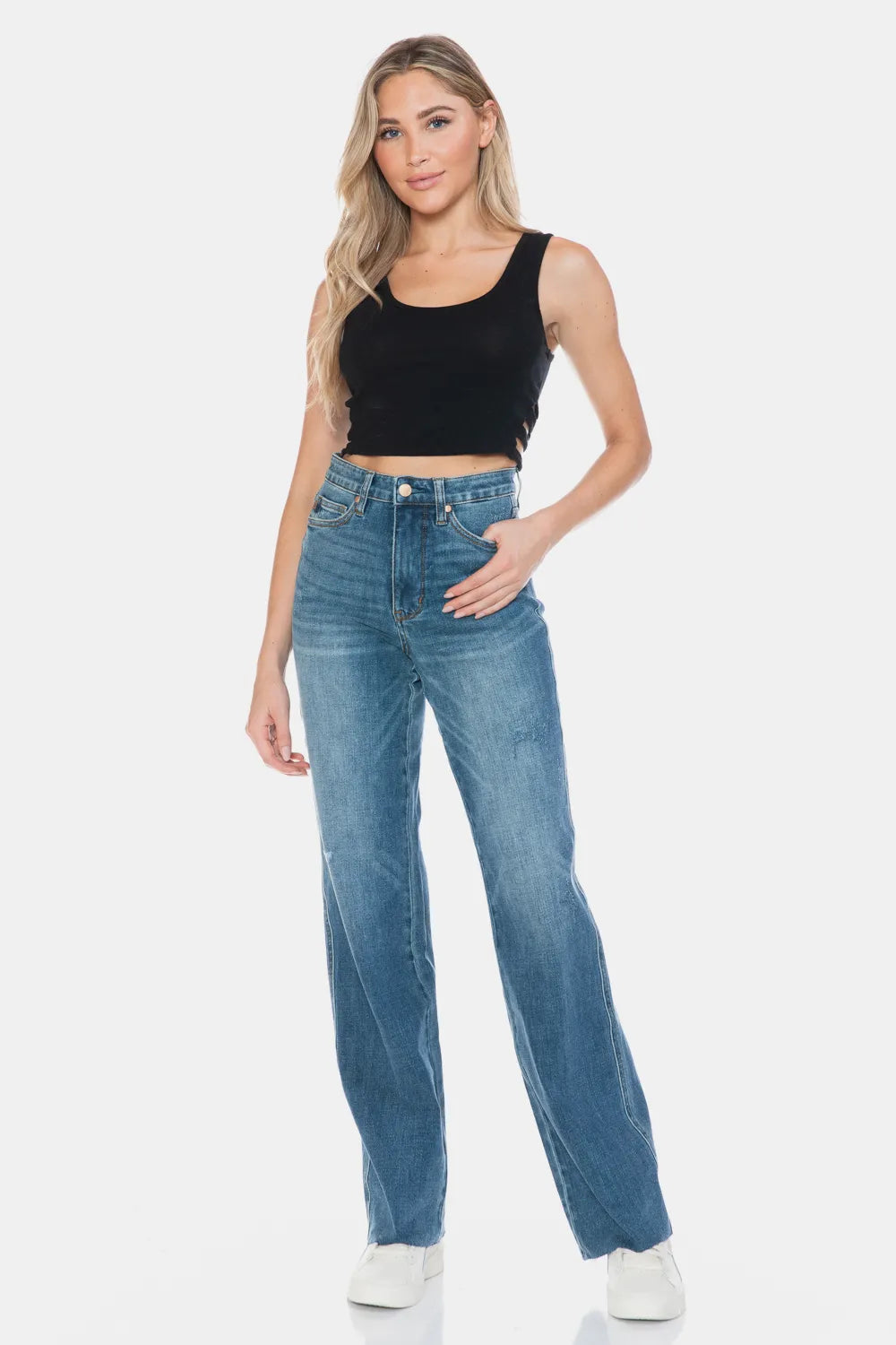 Judy Blue Full Size Tummy Control Cut Raw Hem Straight Jeans - cas7m