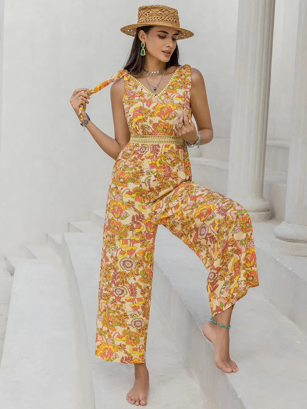 Printed V-Neck Tie Shoulder Jumpsuit - cas7m
