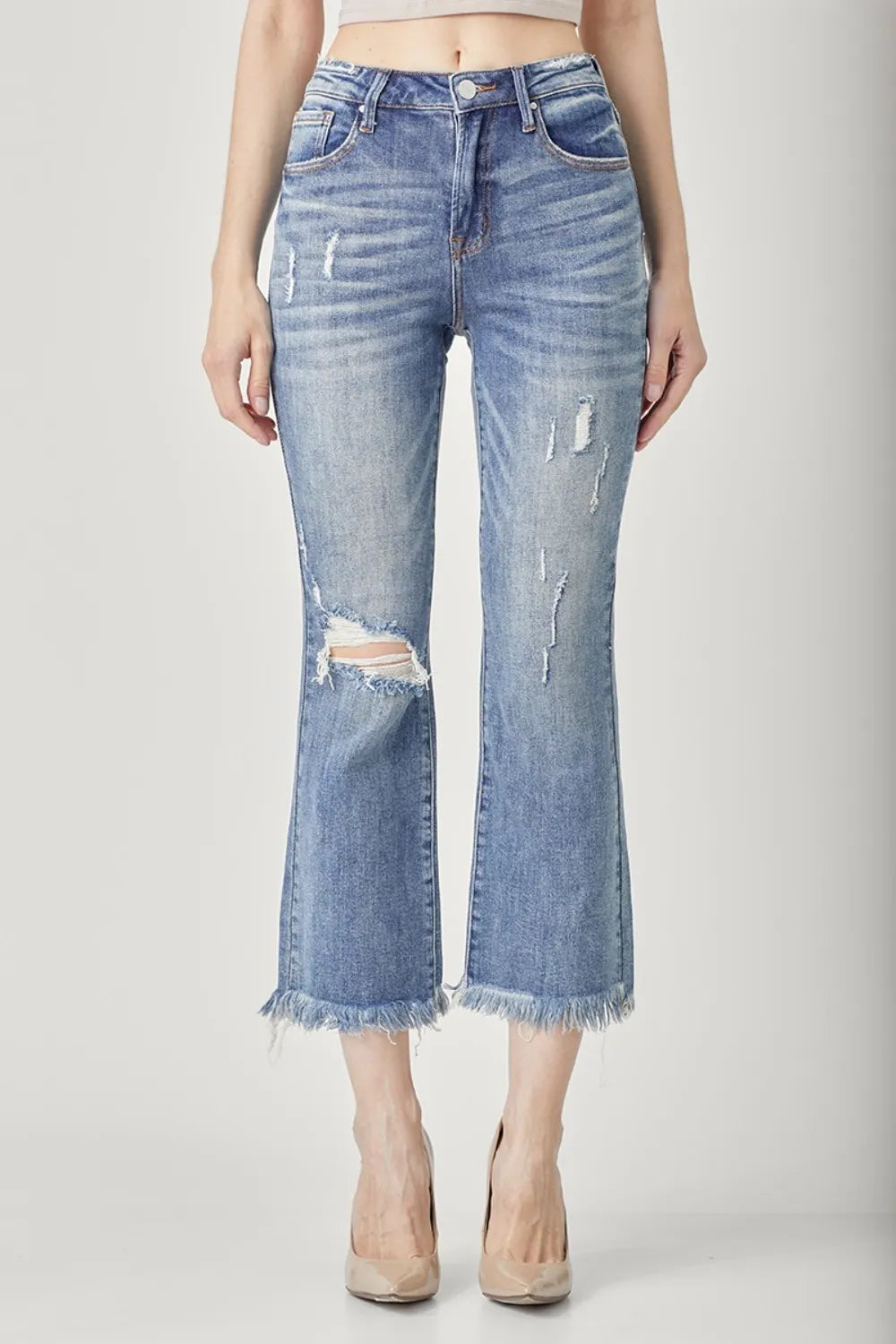 RISEN High Waist Distressed Cropped Bootcut Jeans - cas7m