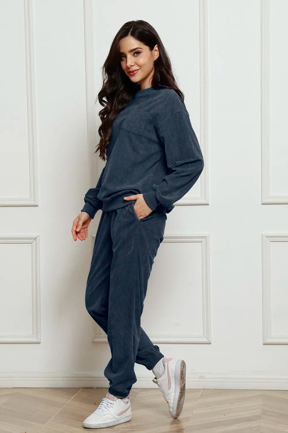 Corduroy Round Neck Sweatshirt and Sweatpants Set - cas7m
