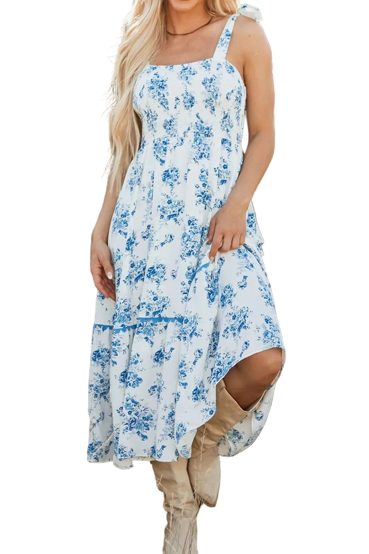 Printed Tie Shoulder Dress - cas7m