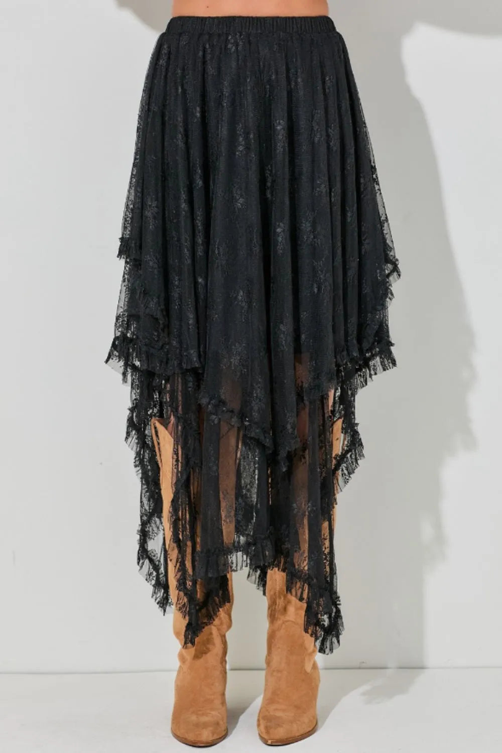 Elastic Waist Asymmetrical Lace Skirt - cas7m