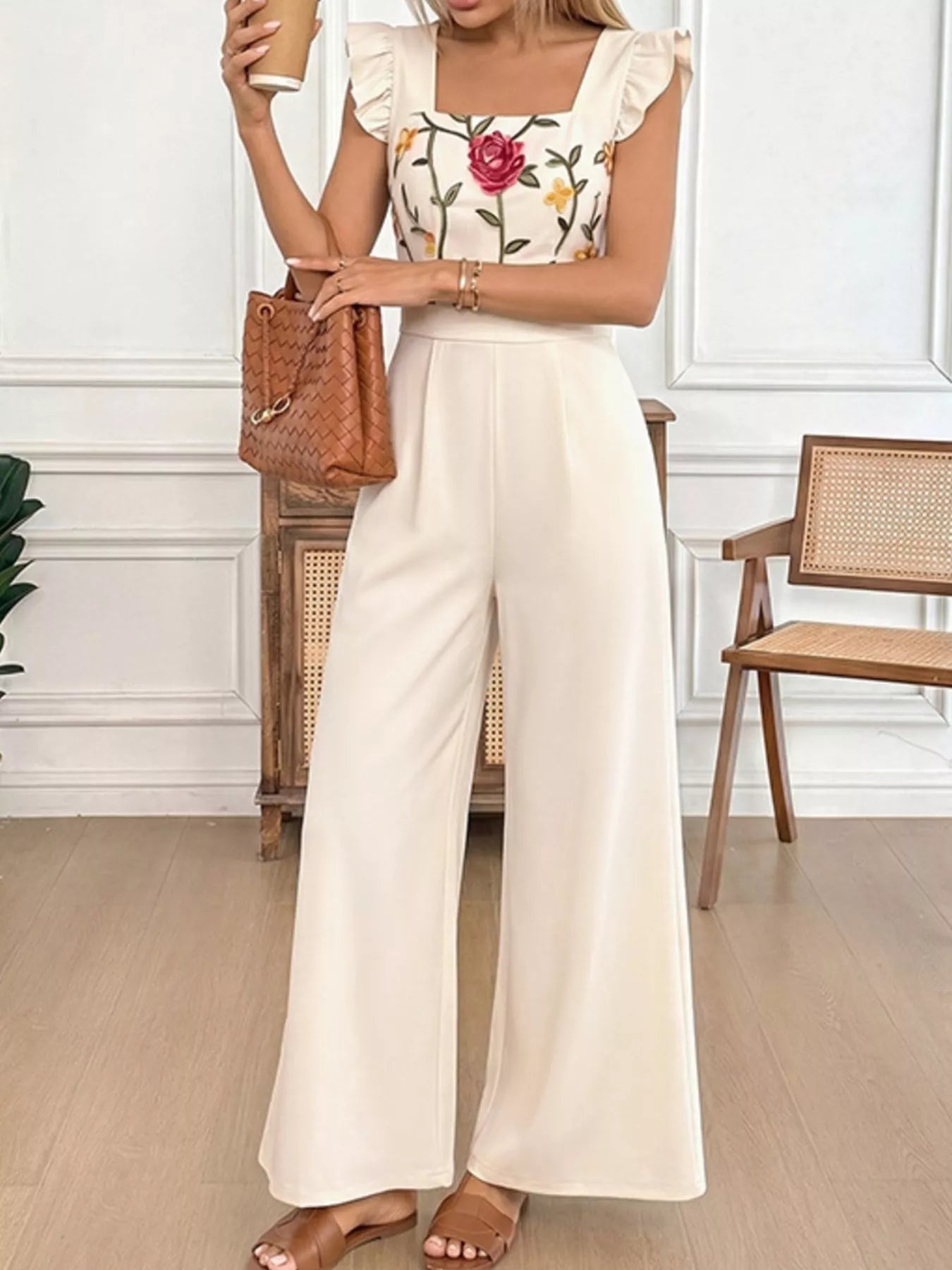 Floral Embroidered Ruffle Trim Jumpsuit - cas7m
