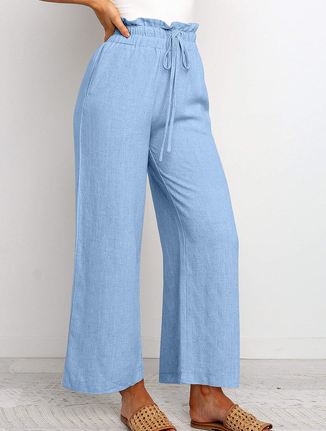 Elastic Waistband Lace-up Wide Leg Pants Solid Color Cropped Pants - cas7m