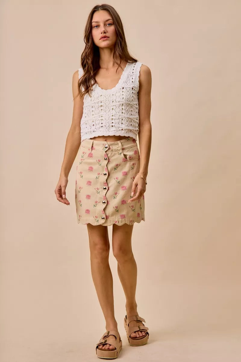 SO ME Floral Rose Print Cotton Twill Scallop Mini Skirt - cas7m
