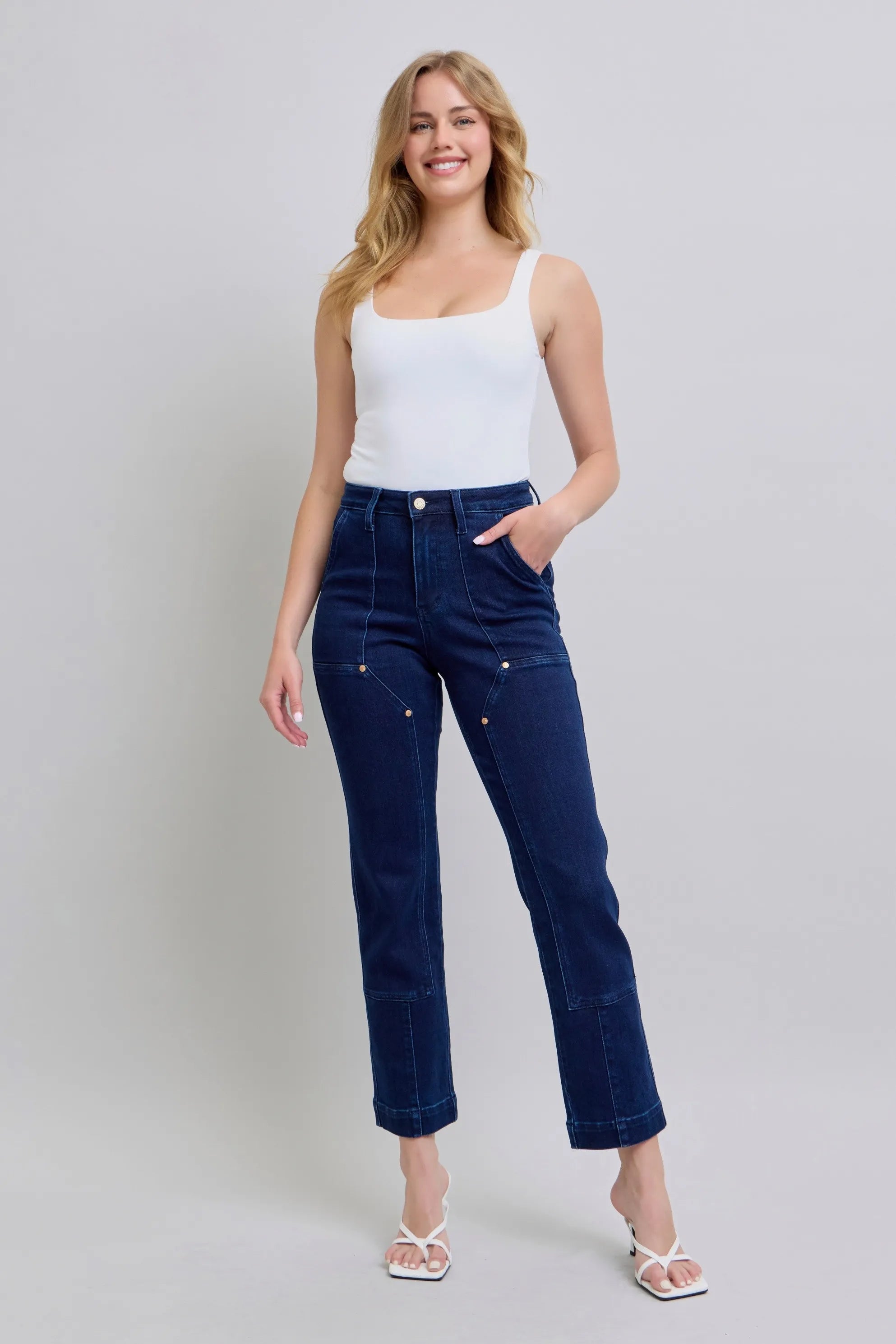 Judy Blue Full Size Hw Work Wear Knee Patch Straight Jeans Plus Size - cas7m