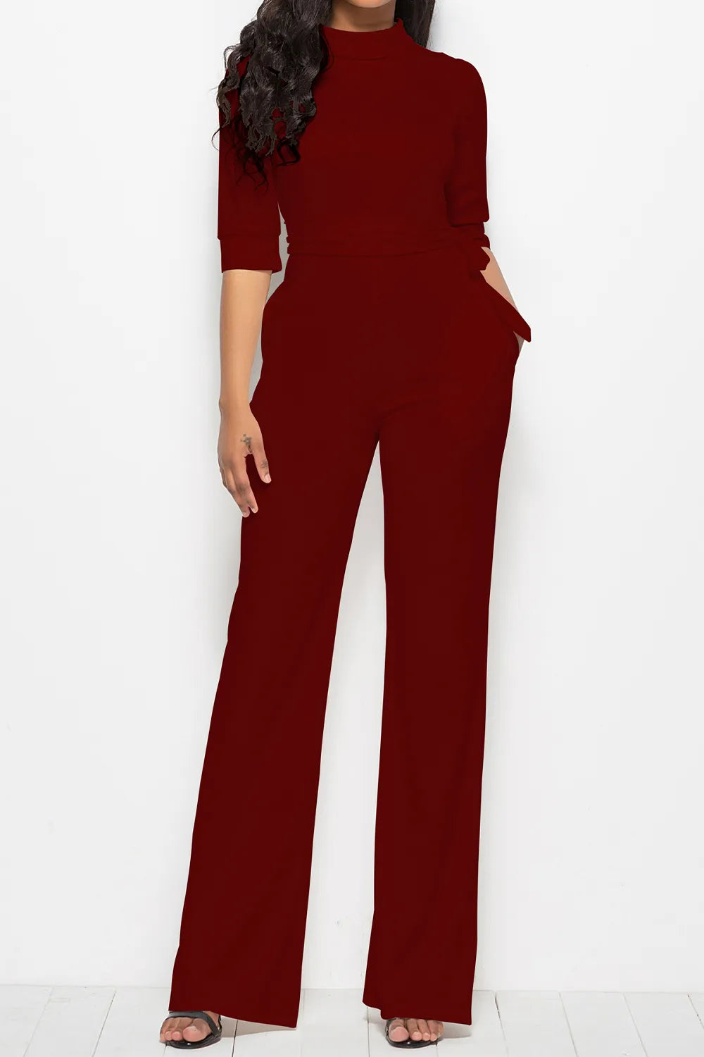 Mock Neck Tie-Waist Half Sleeve Jumpsuit - cas7m