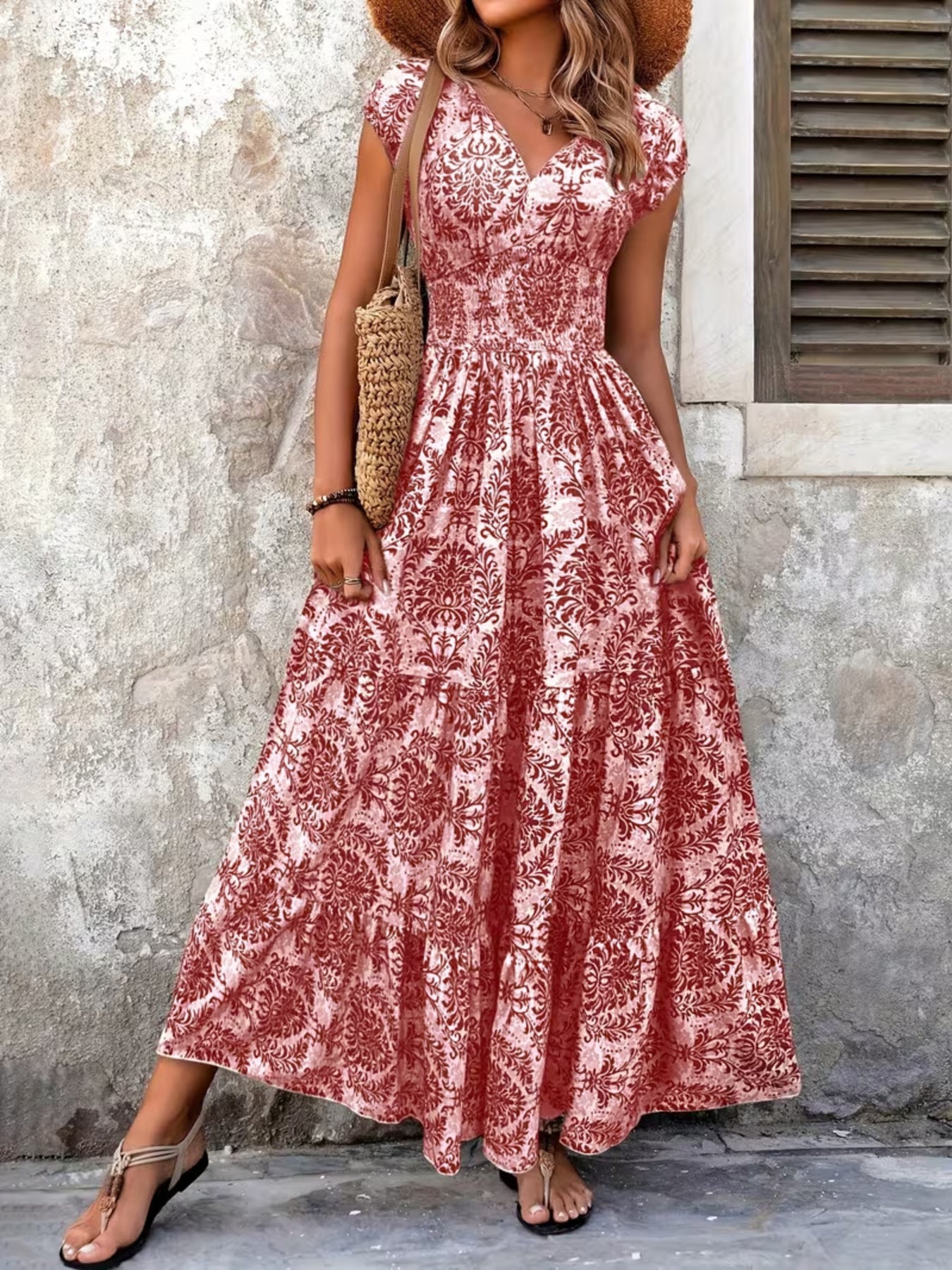 Printed Cap Sleeve Maxi Dress - cas7m