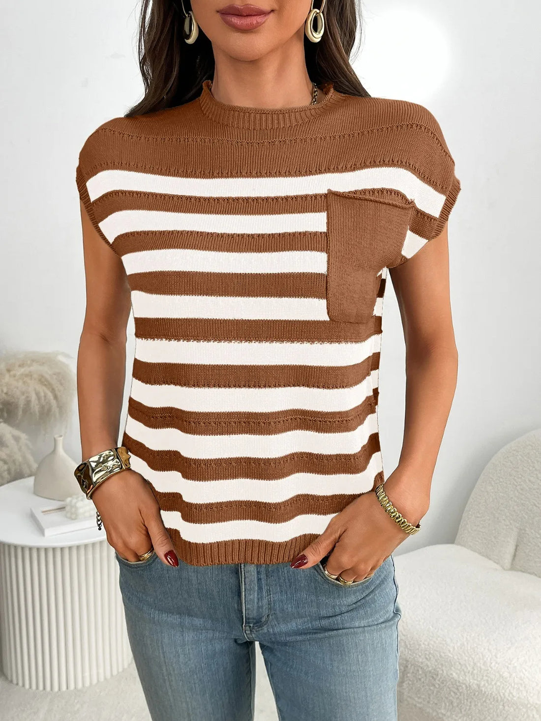 Striped Mock Neck Cap Sleeve Knit Top - cas7m