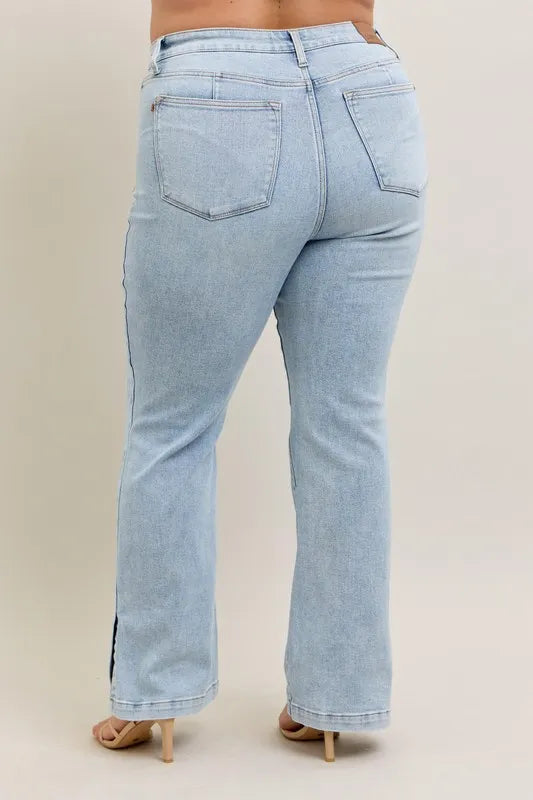 Judy Blue Full Size Tummy Control Vintage Wash Side Slit Slim Boot Jeans Plus Size - cas7m