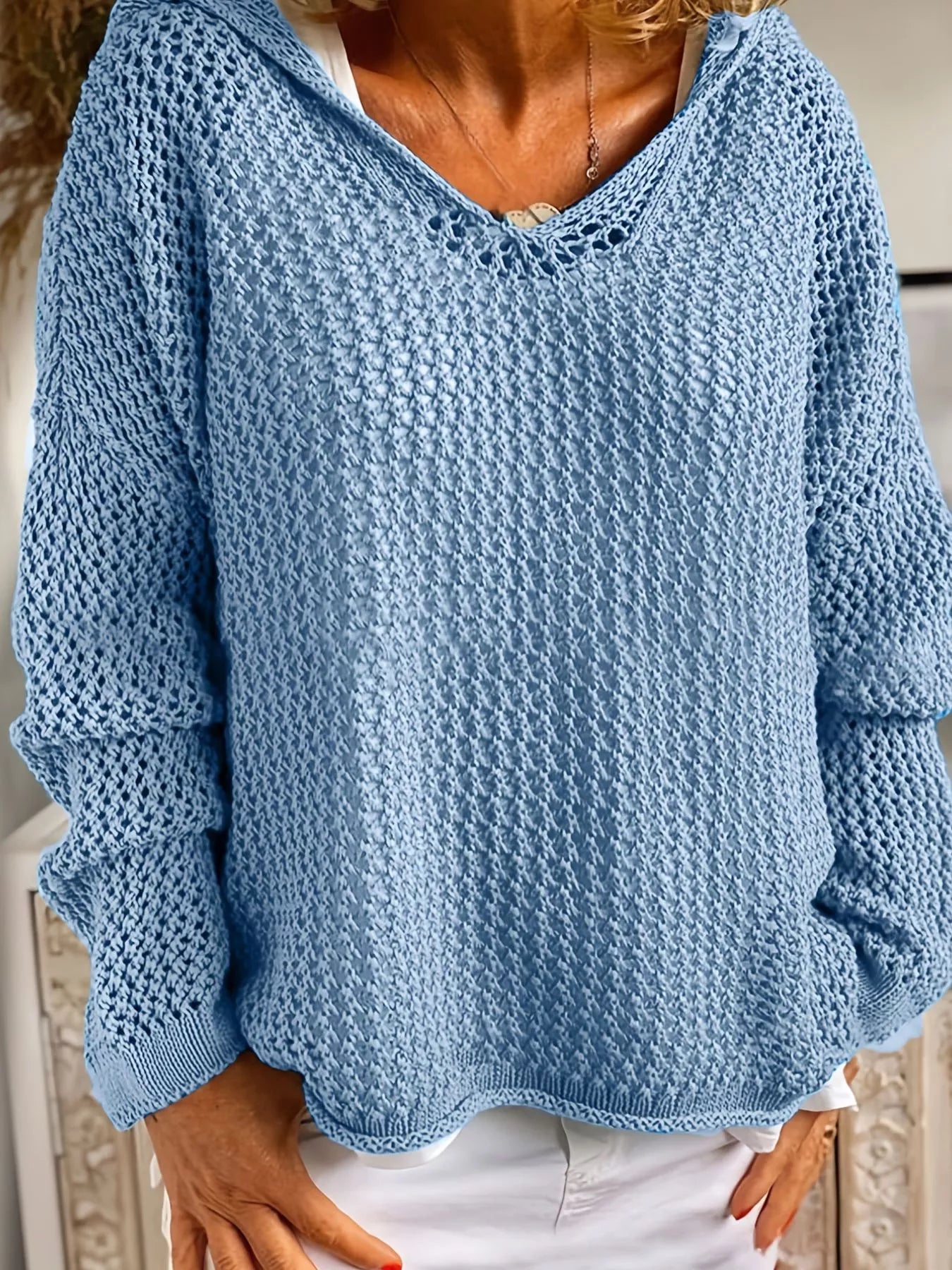 Openwork Long Sleeve Hooded Knit Cover Up - cas7m