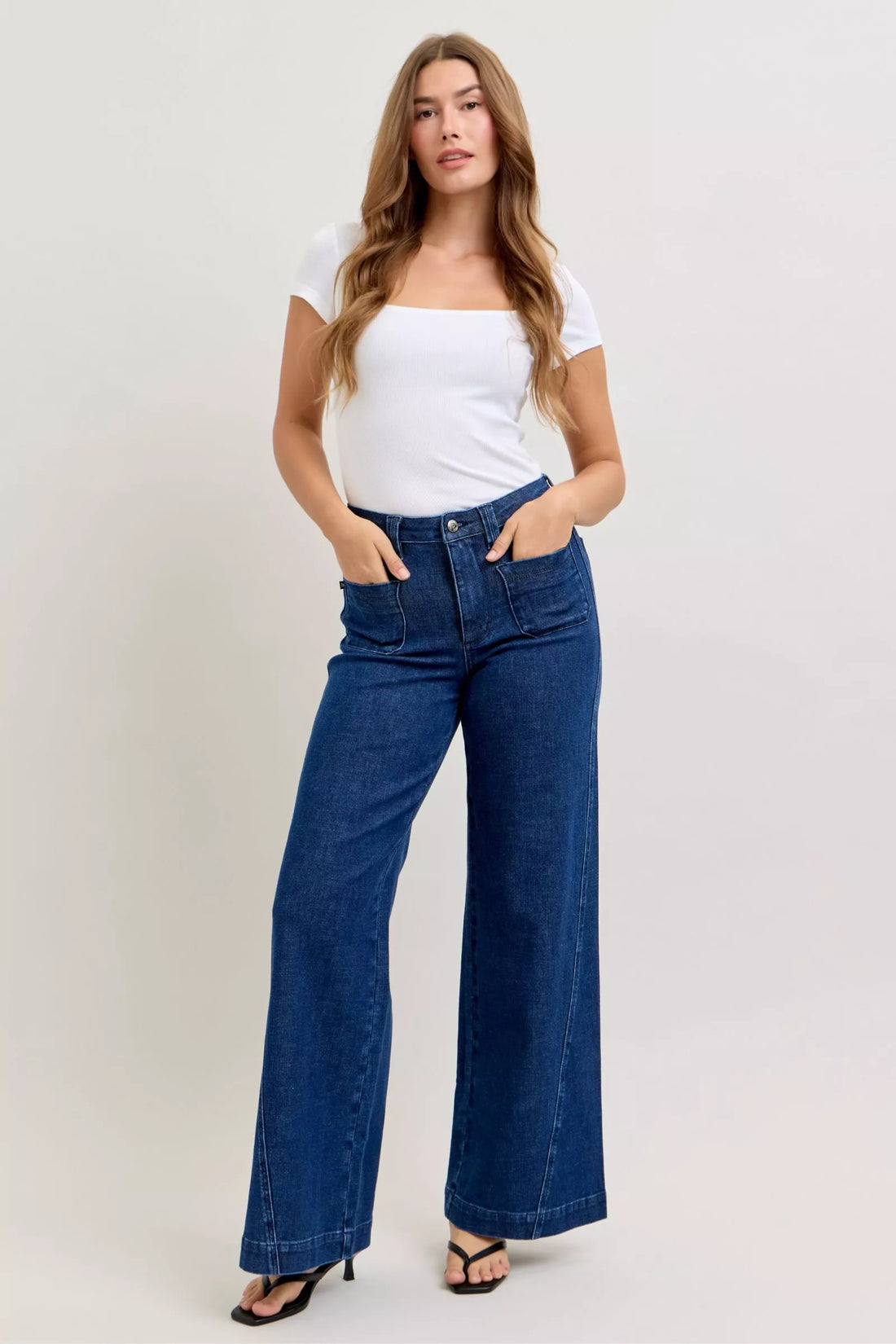 Judy Blue High-Waisted Retro Wide Jeans with Patch Pkts & Twisted Seams - cas7m