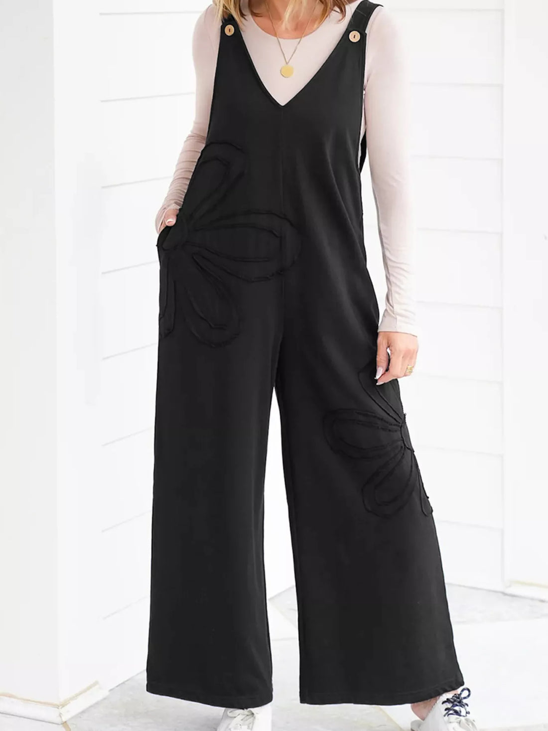 V-Neck Wide Leg Jumpsuit - cas7m