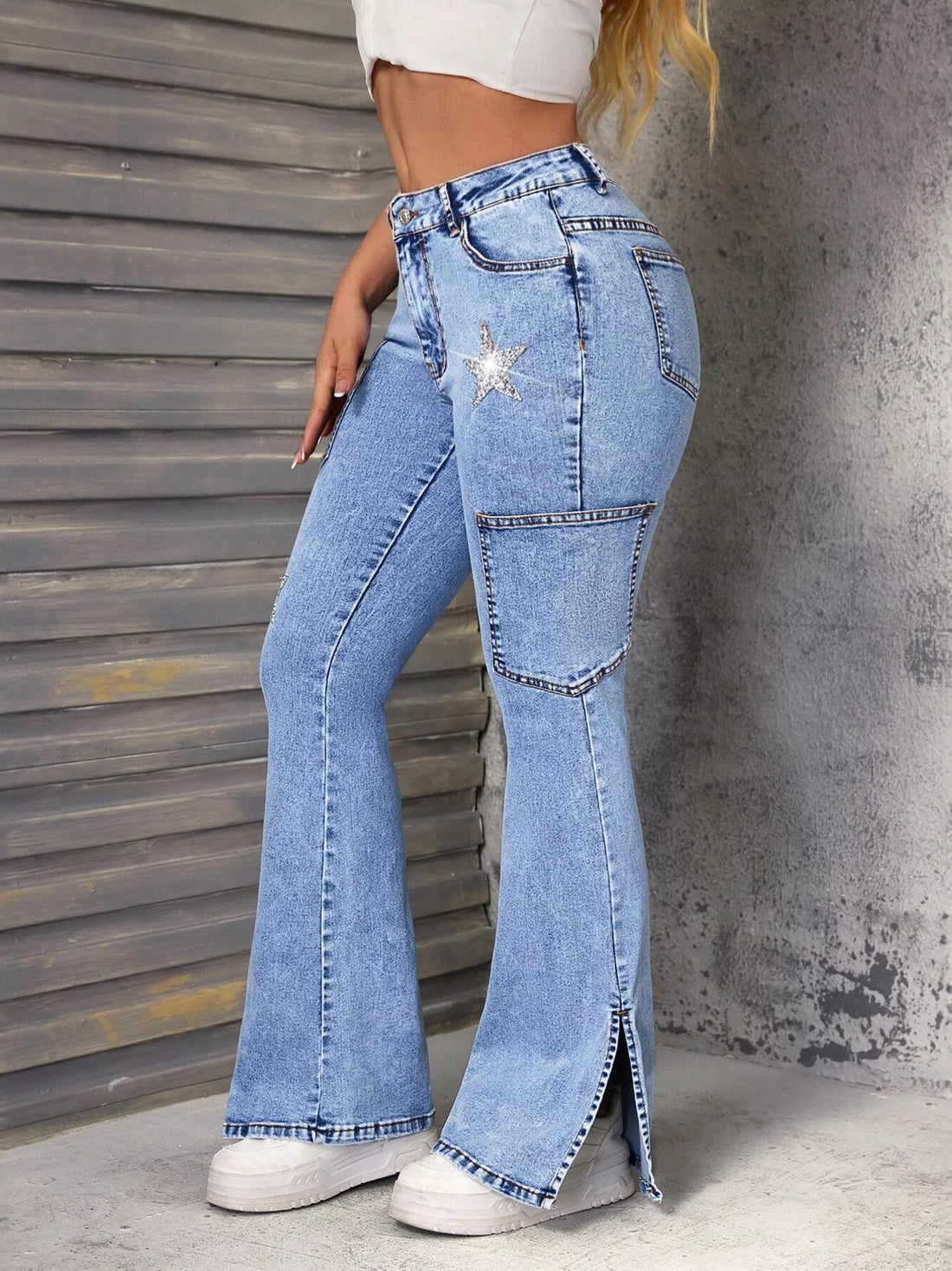 Slit Star Flare Leg Jeans - cas7m