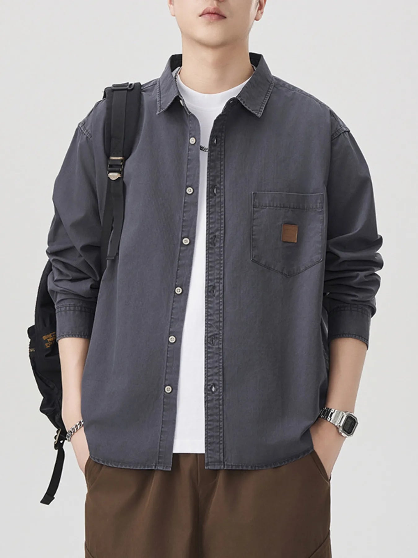 Men's Plus Size Button Up Long Sleeve Shirt - cas7m