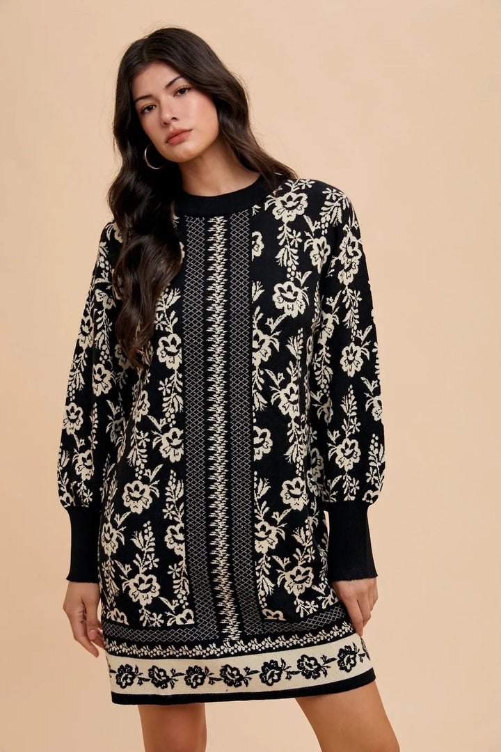 Annie Wear Floral Jacquard Round Neck Sweater Dress - cas7m