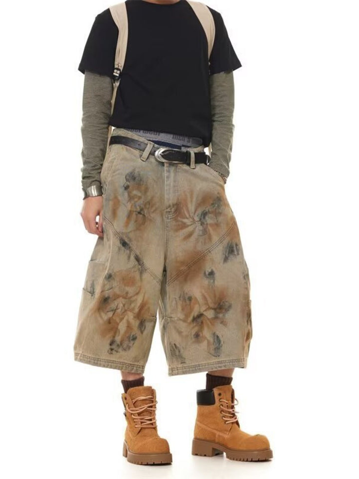 Men's  Plus Size Vintage Wash Wide-Leg Denim Shorts - cas7m