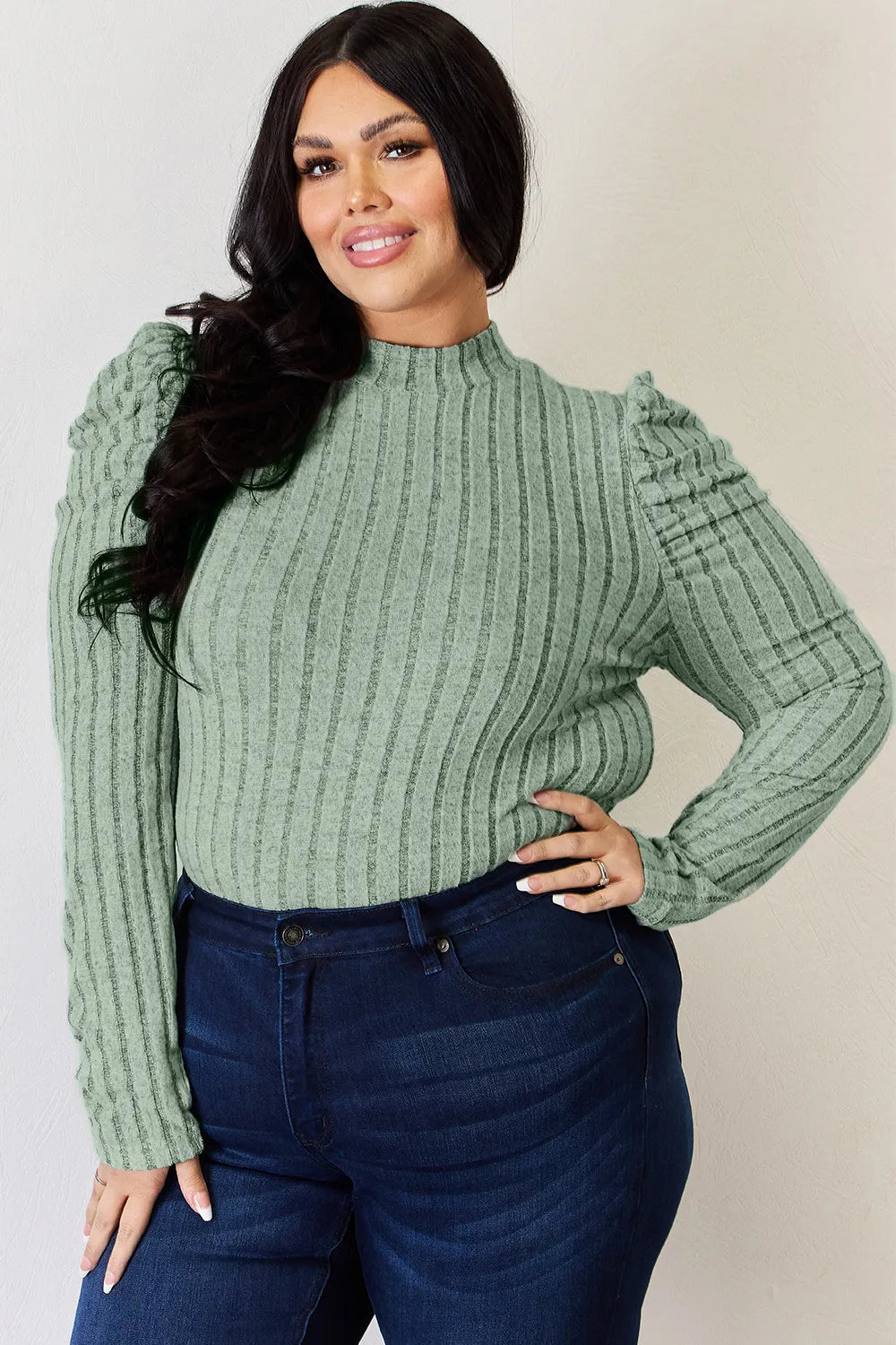 Basic Bae Full Size Ribbed Mock Neck Puff Sleeve T-Shirt - cas7m