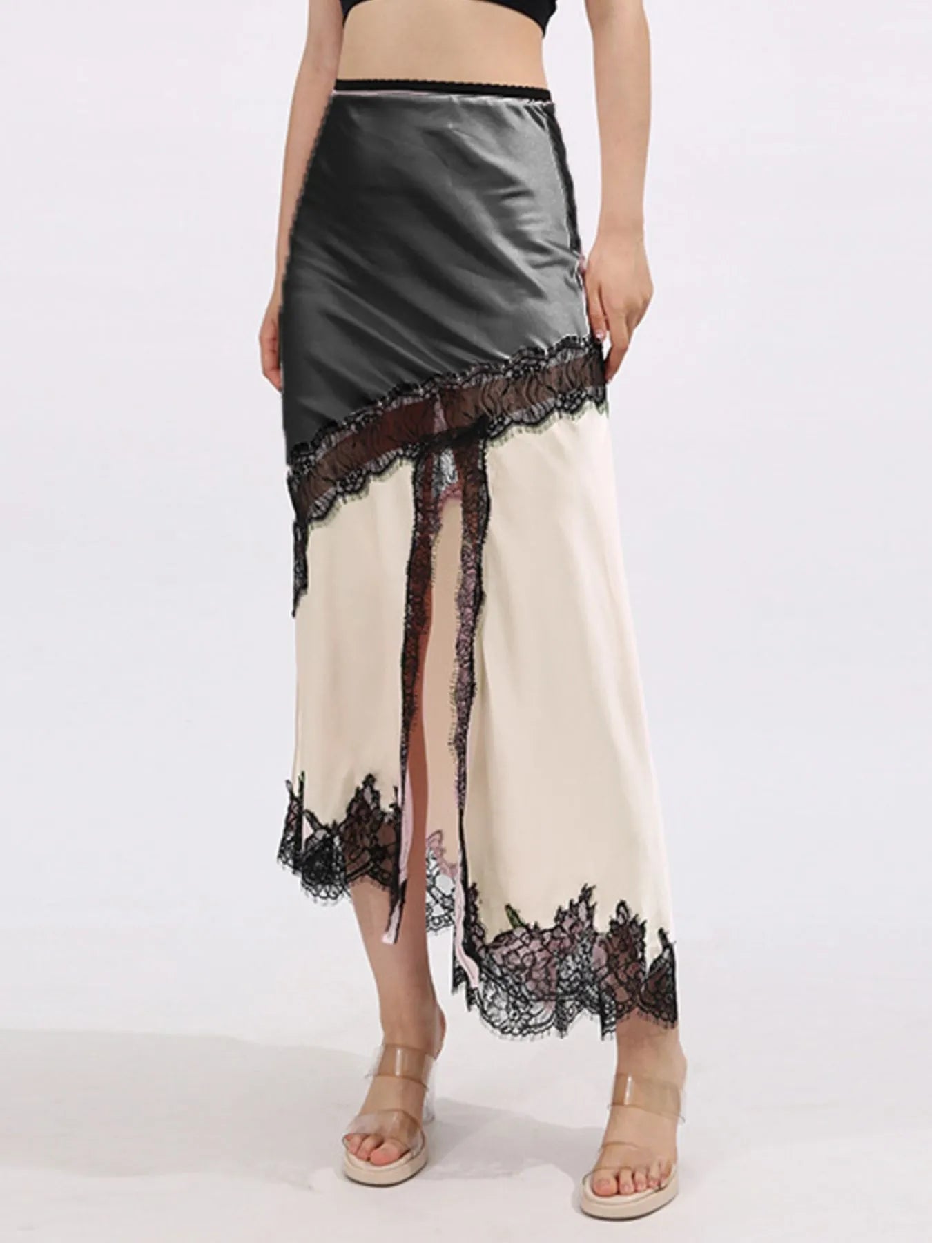Lace Trim Asymmetrical Midi Skirt - cas7m