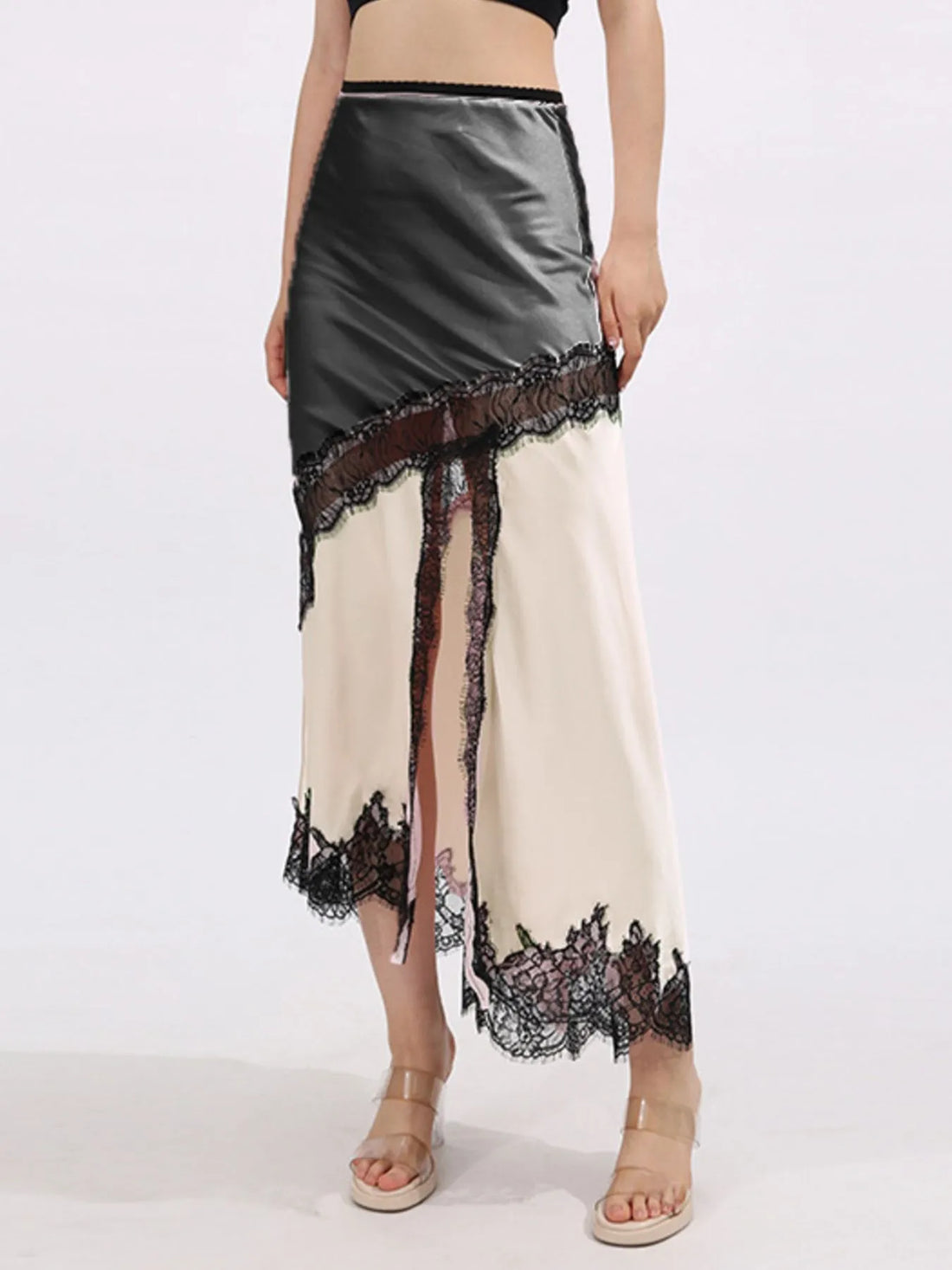 Lace Trim Asymmetrical Midi Skirt - cas7m