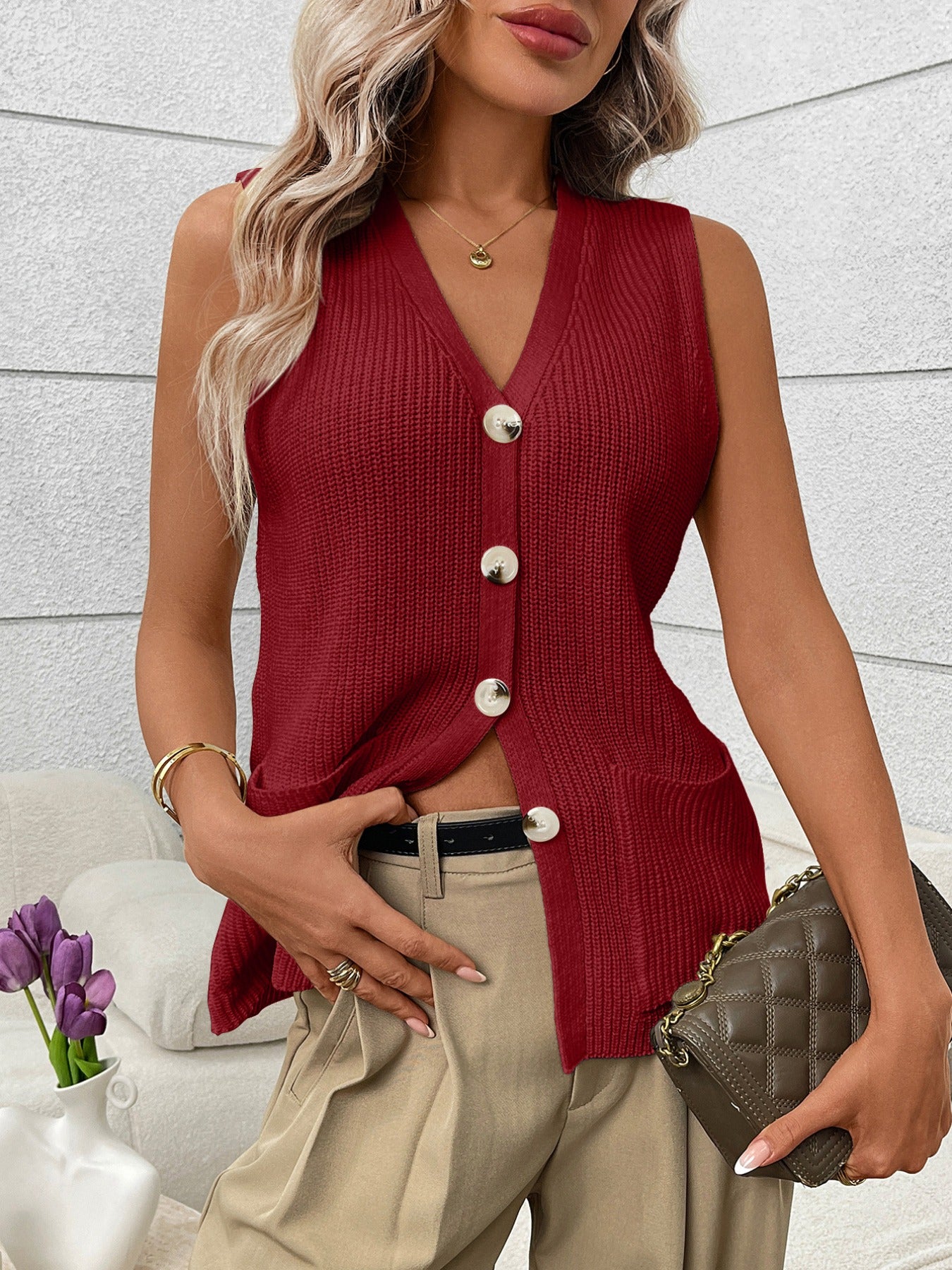 Button-Down Knit Sweater Vest - cas7m