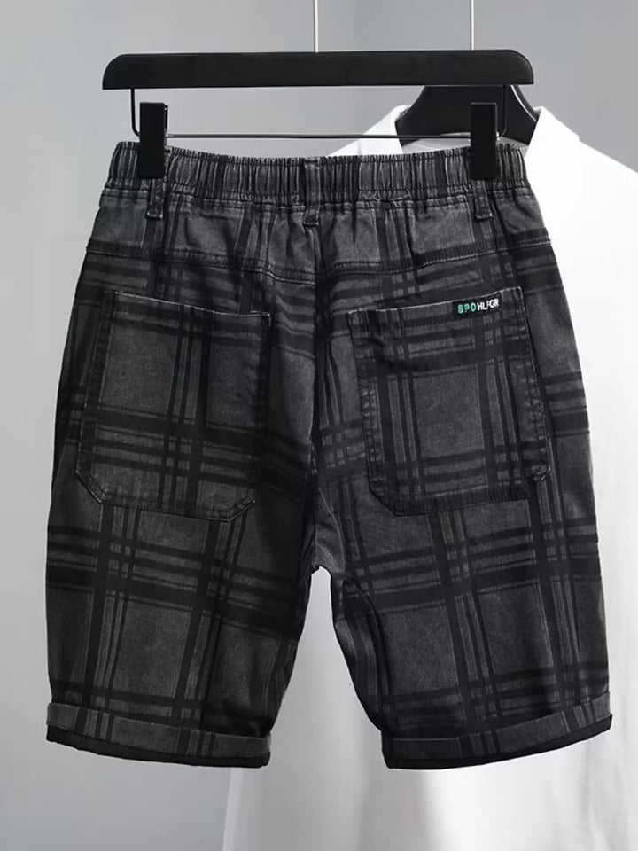 Men's Plus Size Plaid Pattern Elastic Waist Denim Shorts - cas7m