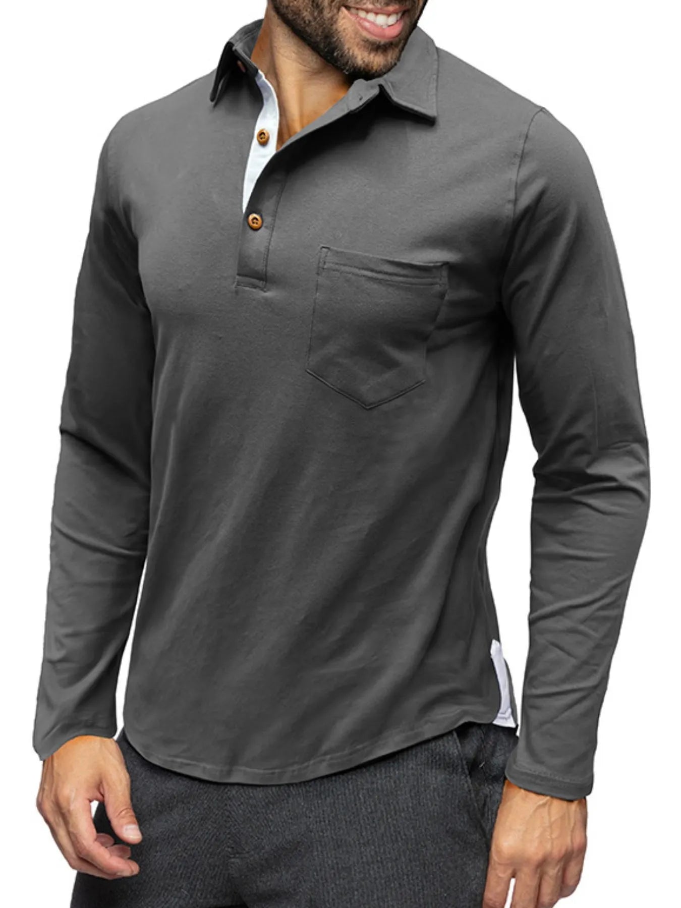 Men's Long Sleeve Polo Shirt with Chest Pocket - cas7m
