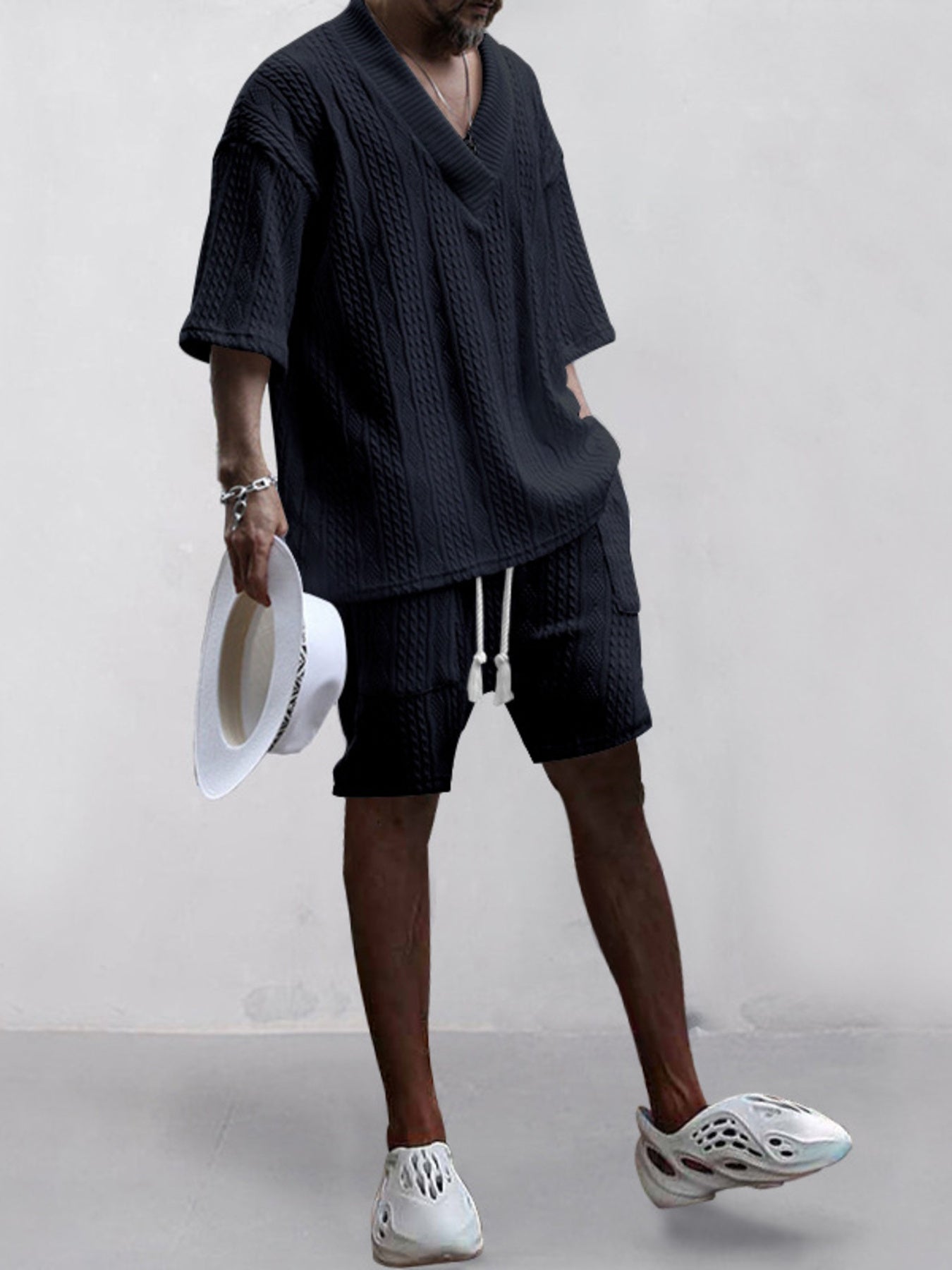 Men's Full Size Casual Knit V-Neck Short Sleeve Top and Shorts Set Plus Size - cas7m