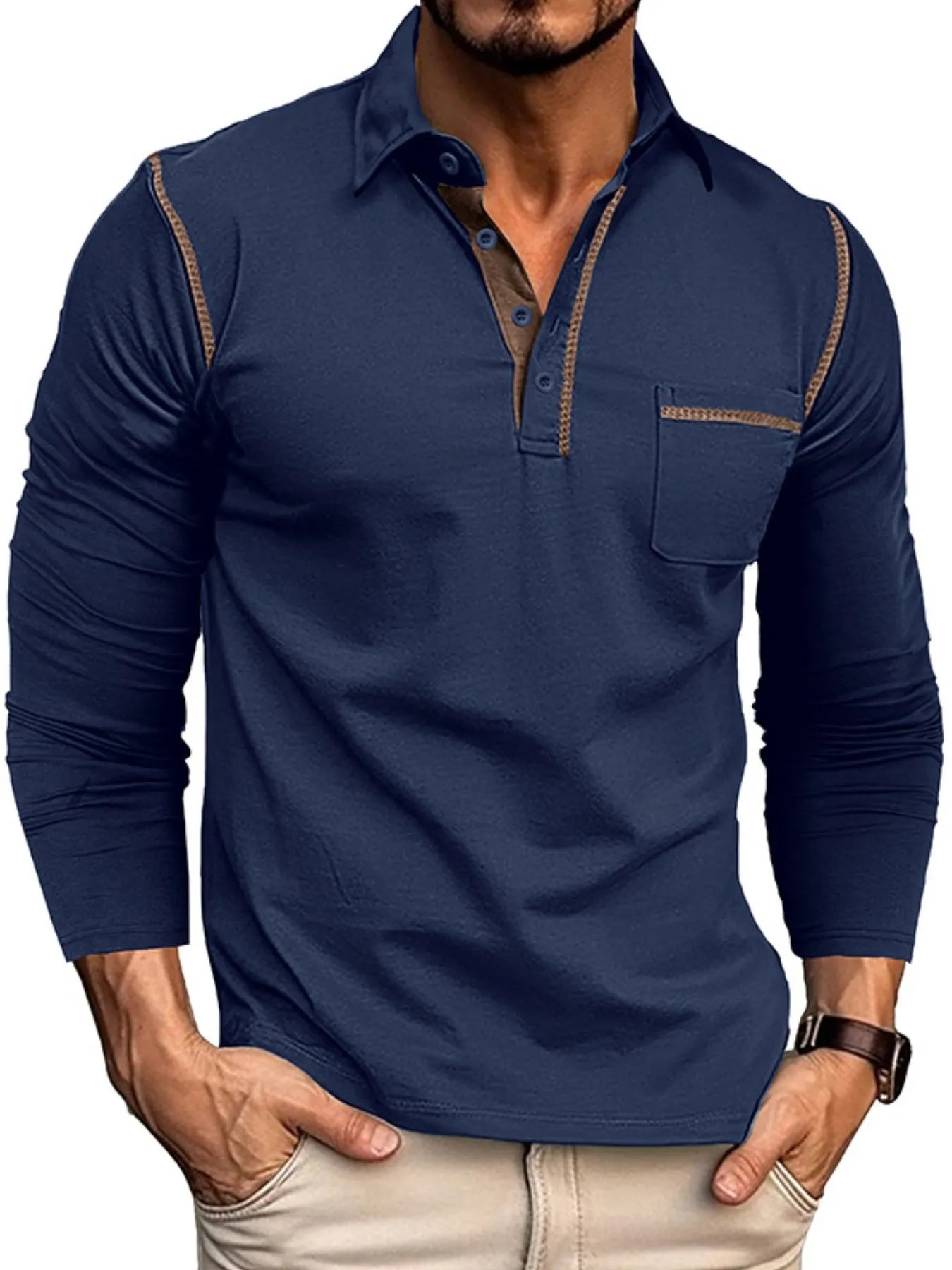 Men's Long Sleeve Polo Shirt with Contrast Stitching - cas7m