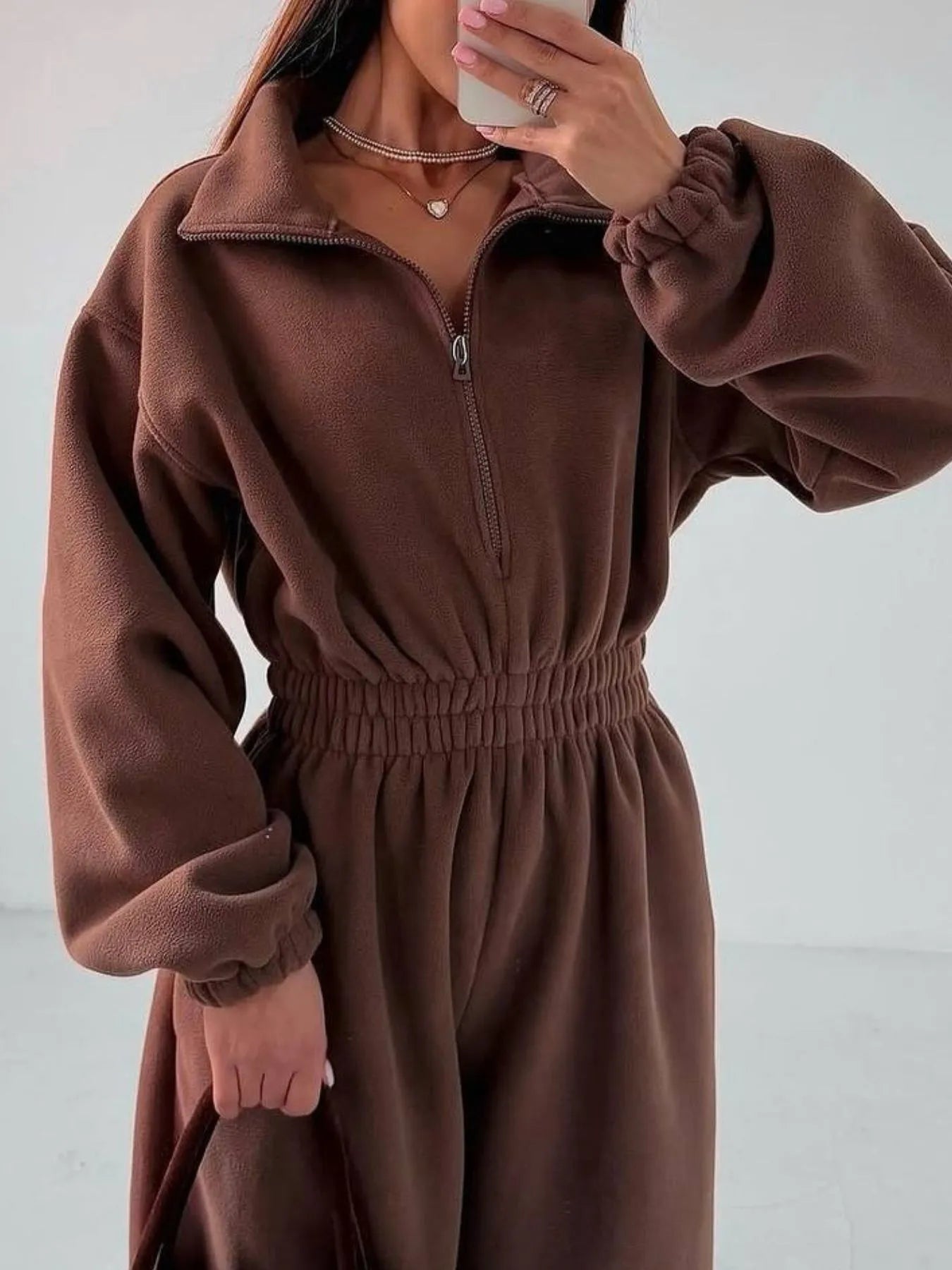 Zip Front Long Sleeve Jumpsuit - cas7m