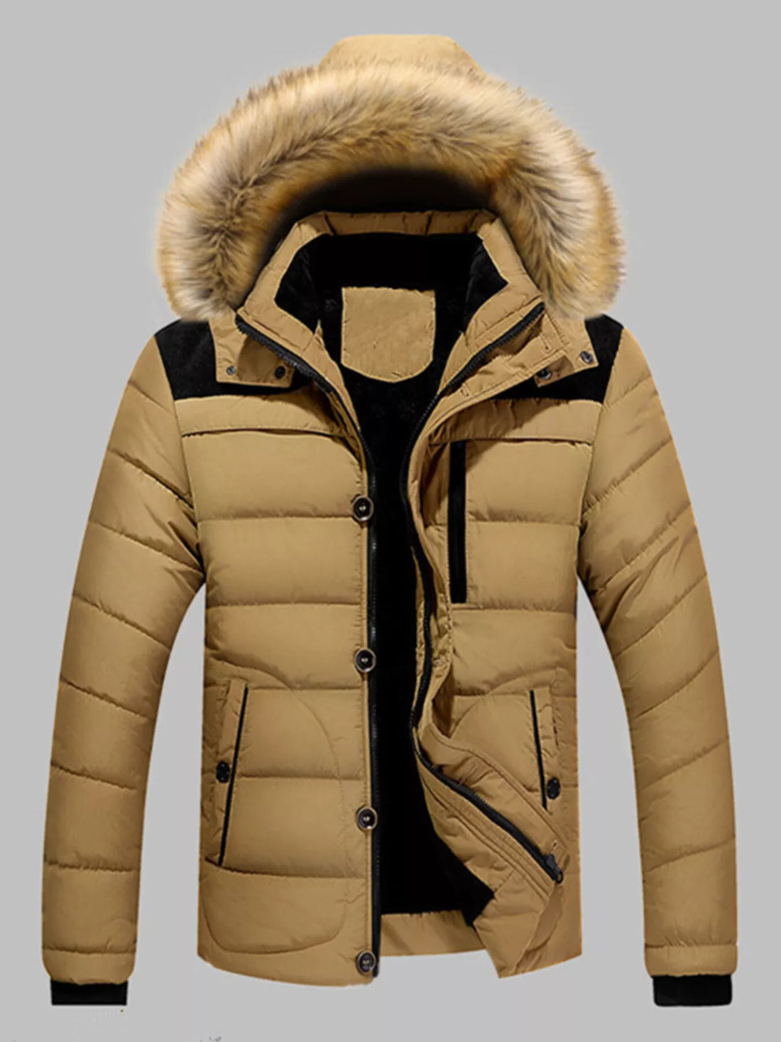 Men's Plus Size Padded Fur Hood Puffer Jacket - cas7m