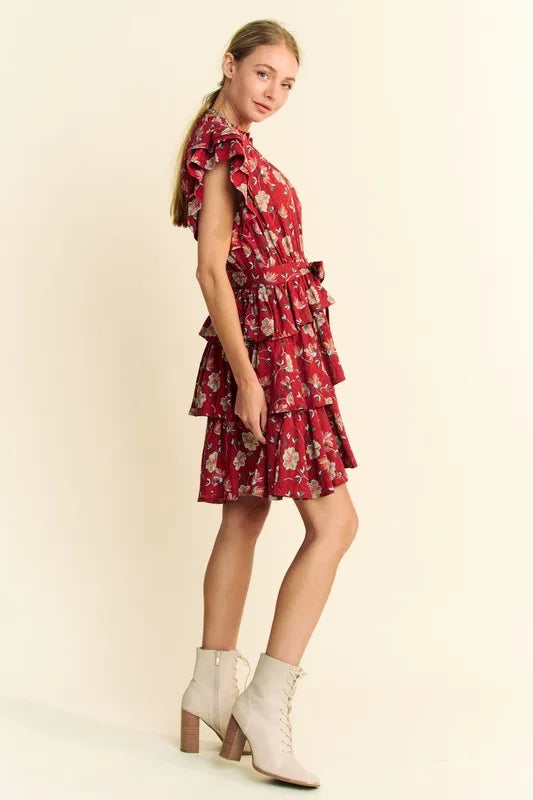 Davi & Dani Ruffle Flutter Sleeve Tie Belt Tiered Mini Dress - cas7m