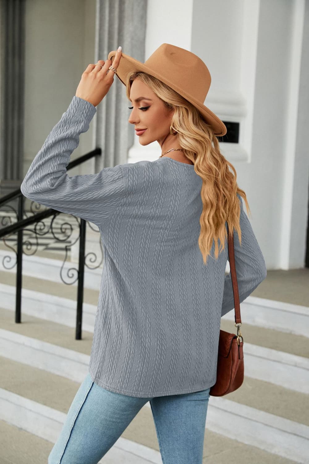 Decorative Button V-Neck Long Sleeve T-Shirt - cas7m