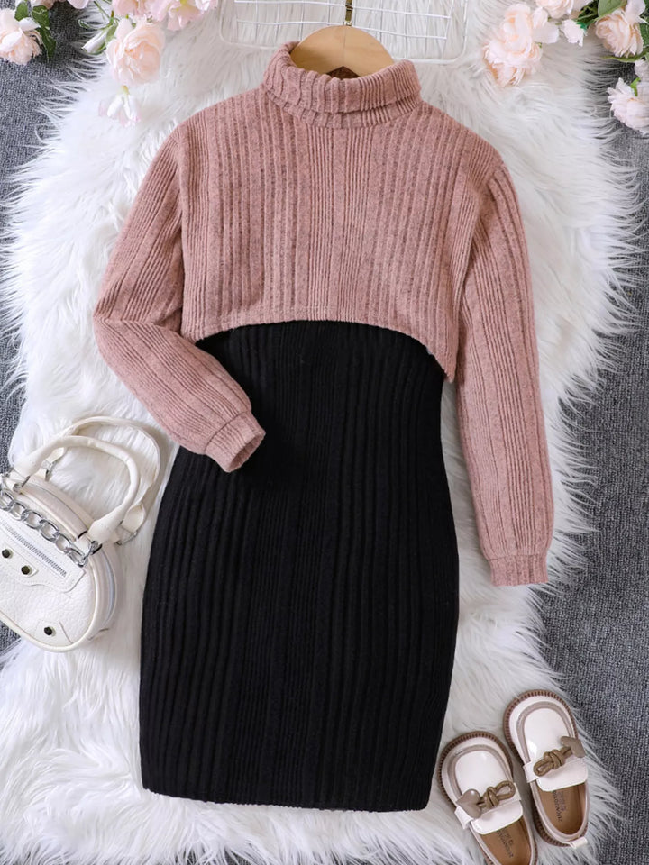 Children's Ribbed Knit Two-Tone Dress Set - cas7m
