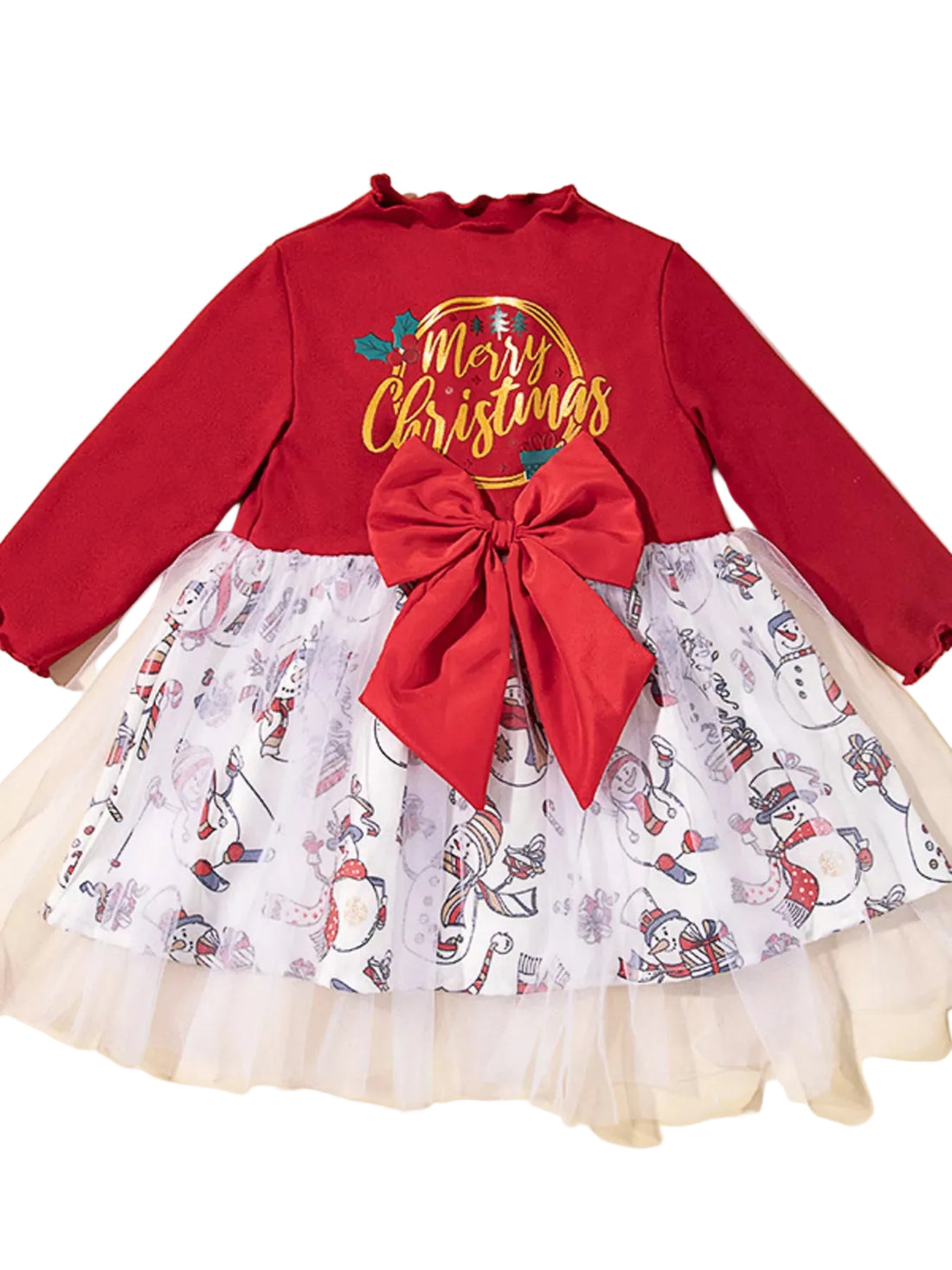 Children's Christmas Snowman Print Tulle Dress - cas7m