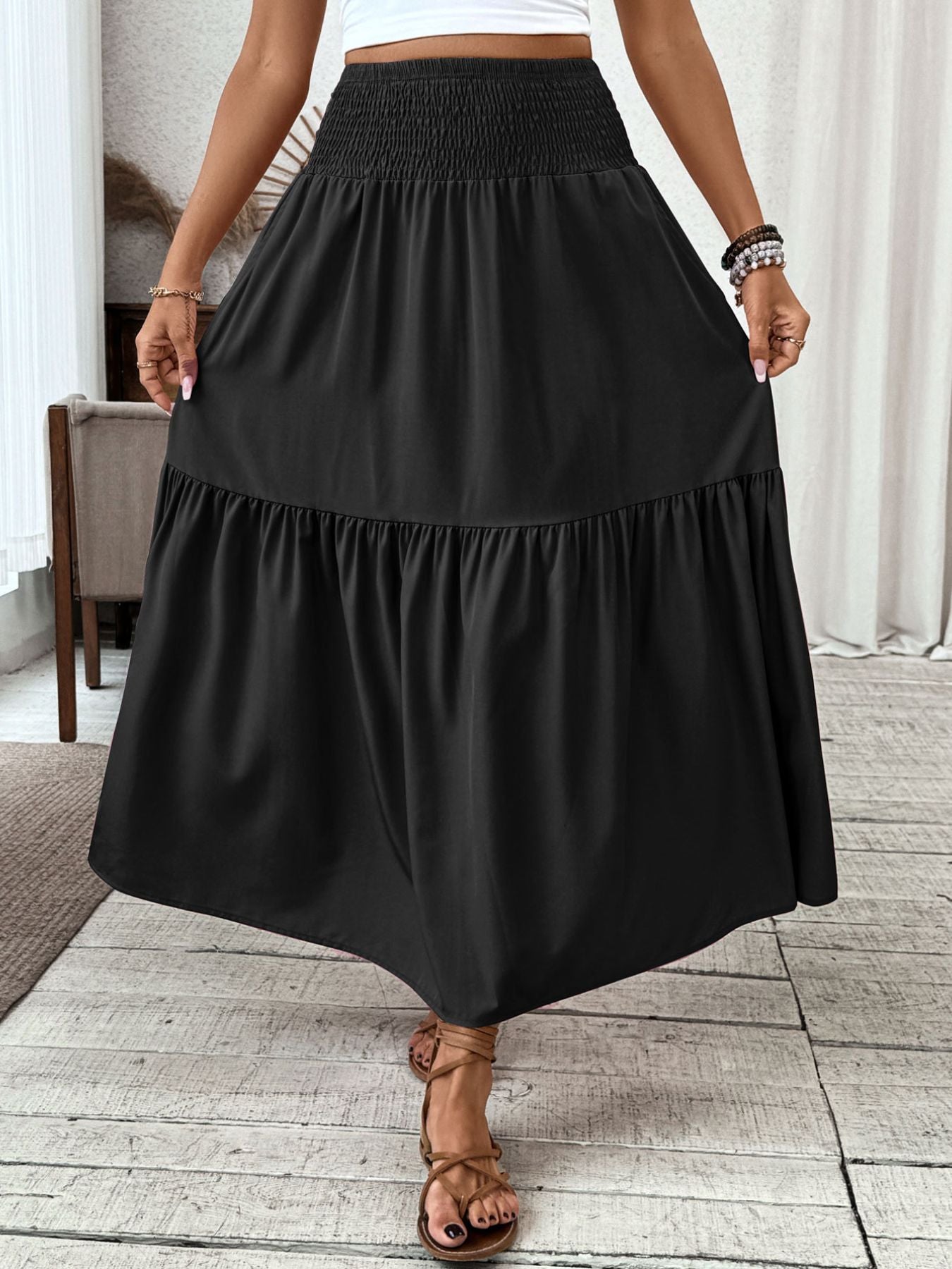 Smocked Waist Tiered Skirt - cas7m