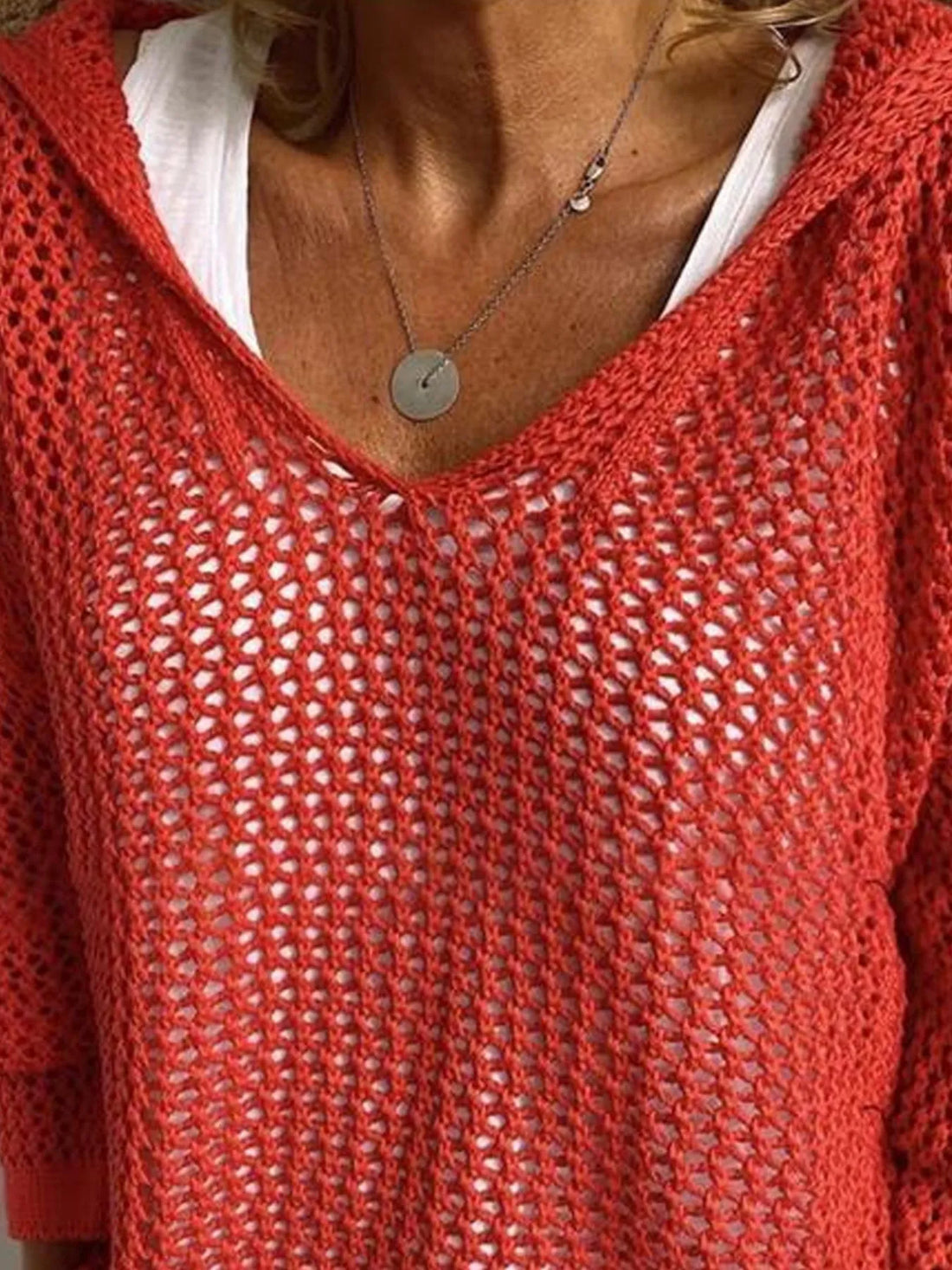 Openwork Long Sleeve Hooded Knit Cover Up - cas7m